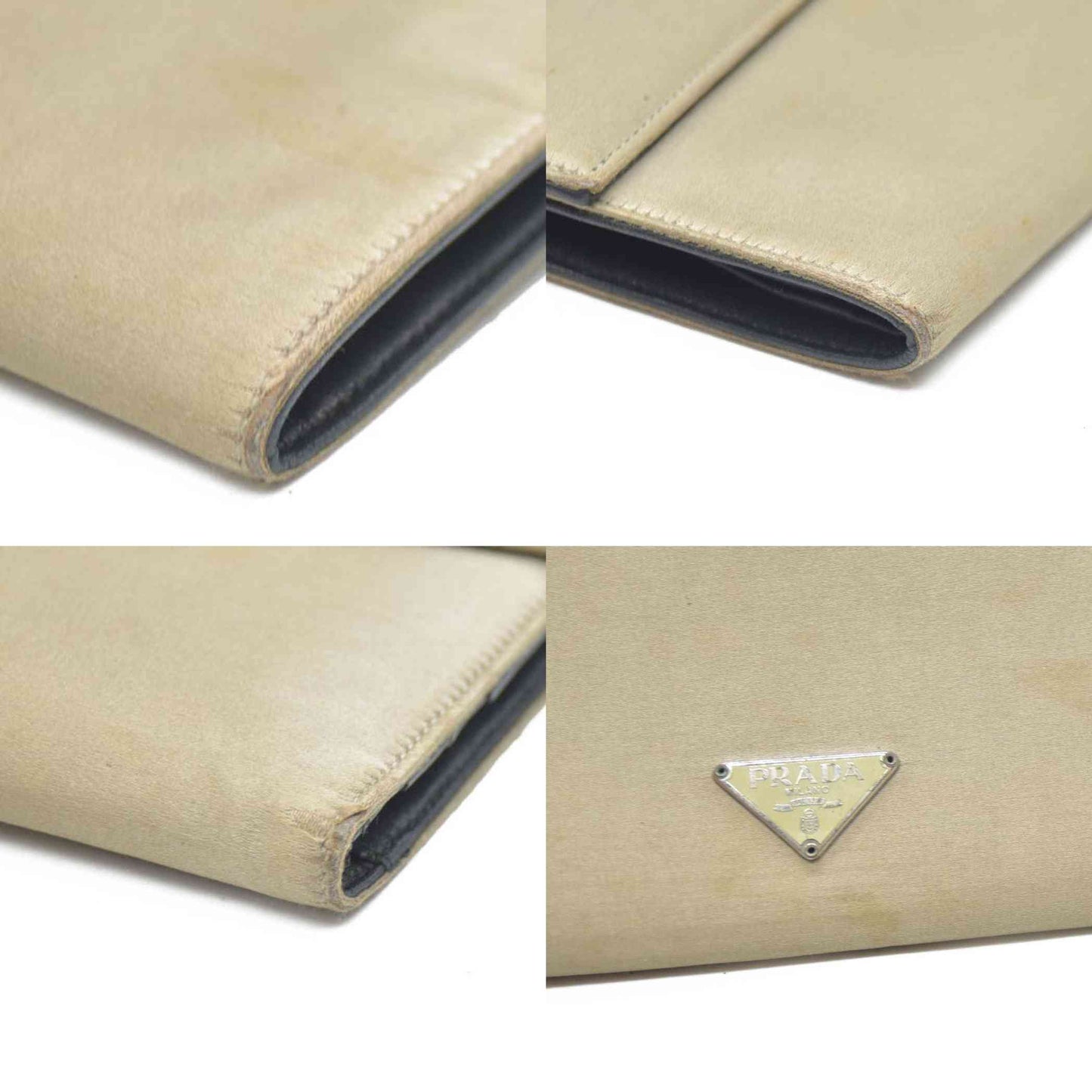 PRADA Logo Plate Nylon Trifold Wallet Beige