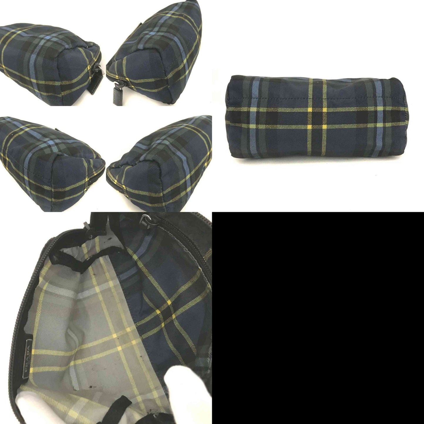 $650 PRADA Logo Plate Check Nylon Cosmetic Pouch Bag MultiColor