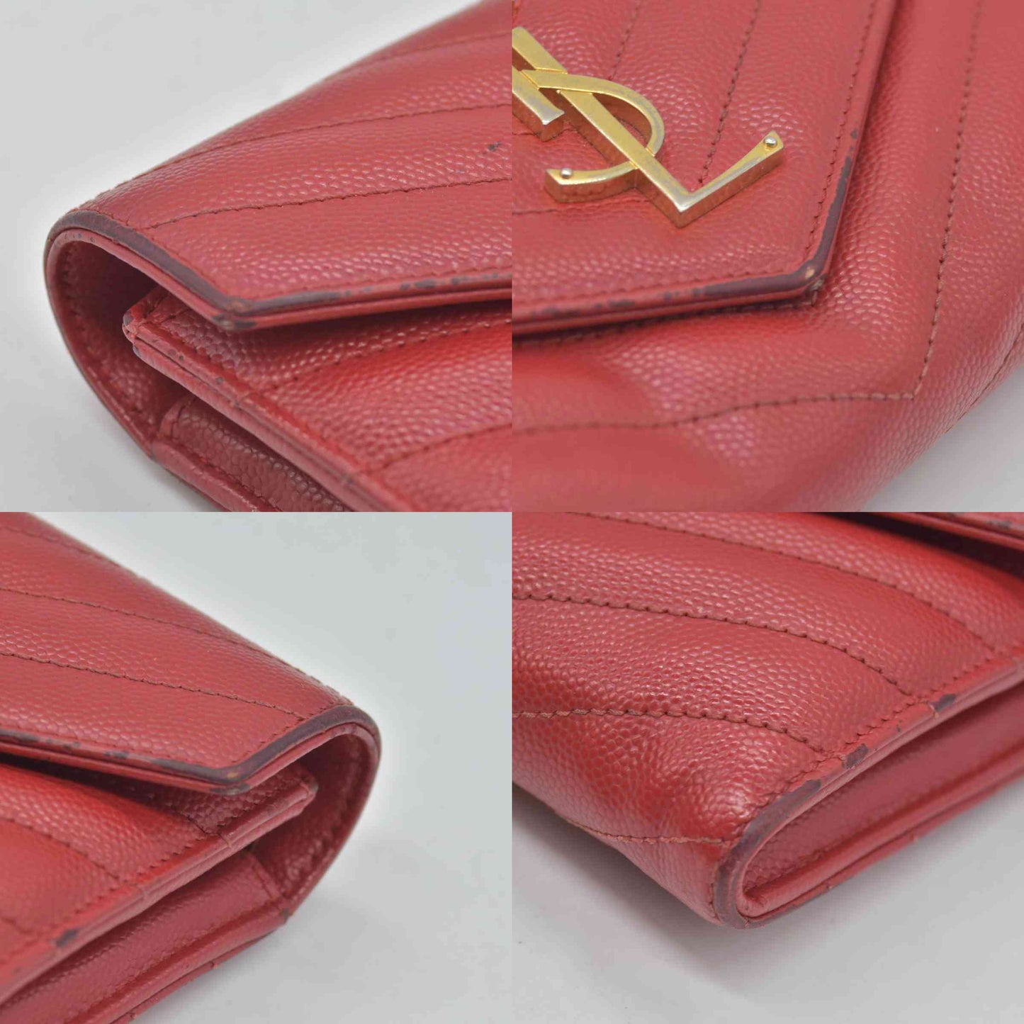 $750 Saint Laurent Grain De Poudre Matelasse Chevron Monogram Flap Wallet Red