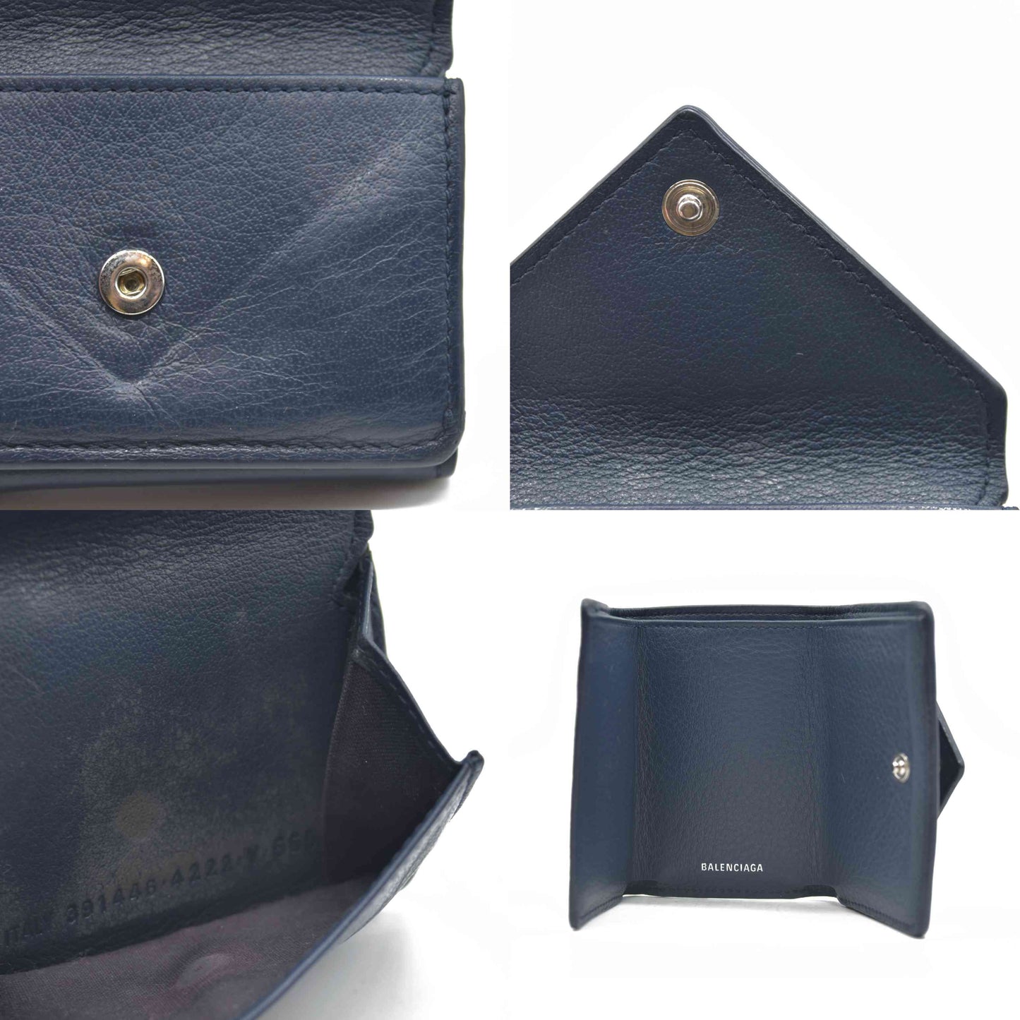 $530 BALENCIAGA Everyday Mini Papier Leather Trifold Wallet Blue