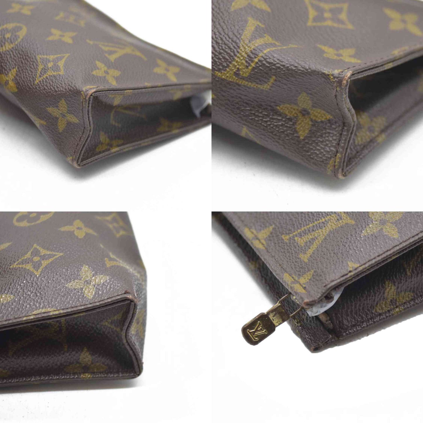 AUCTION $490 Louis Vuitton Monogram Poche Toilette 15 Cosmetics Pouch Purse Brown TH8904