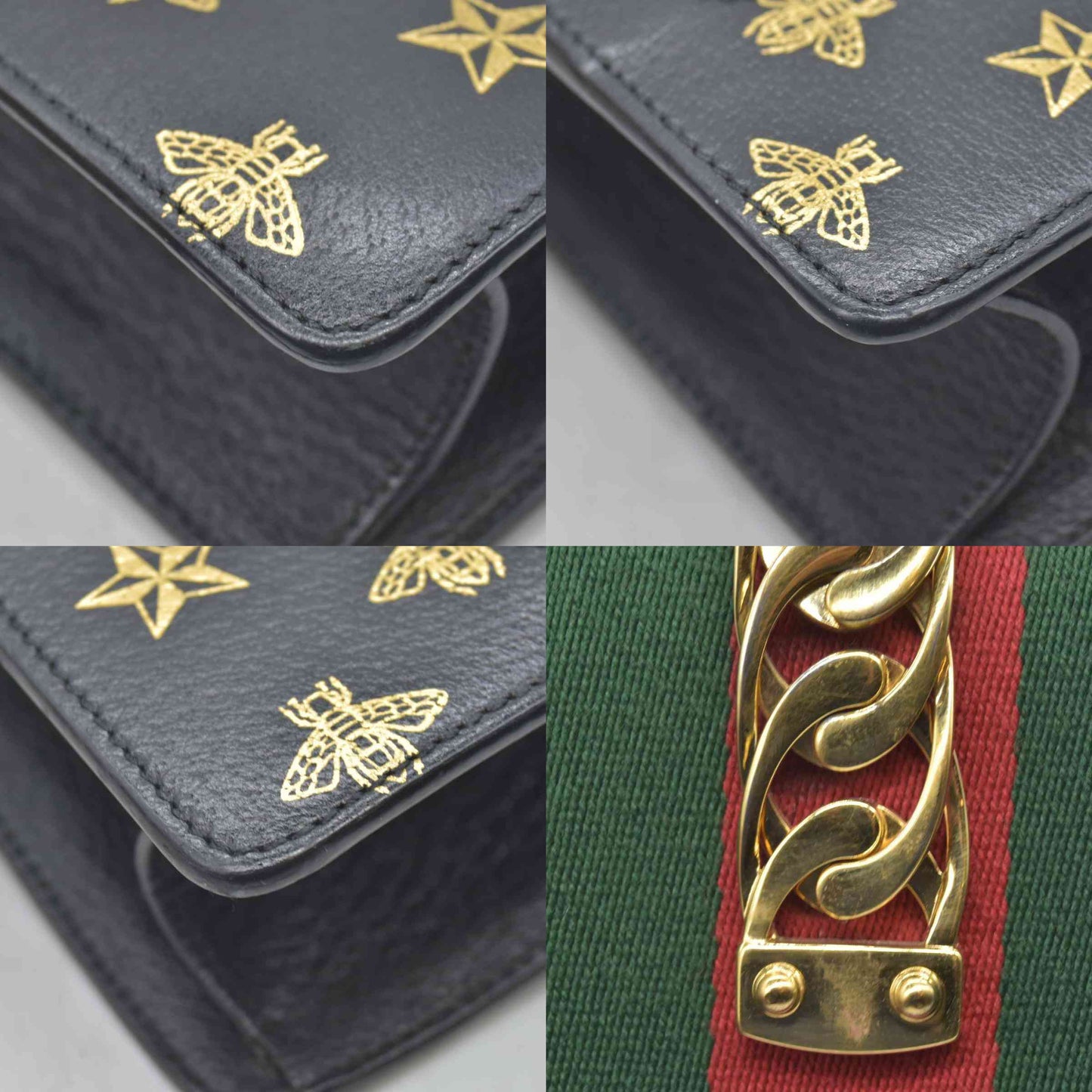 $2600 Gucci Textured Calfskin Bee Star Print Mini Sylvie Top Handle Bag Black