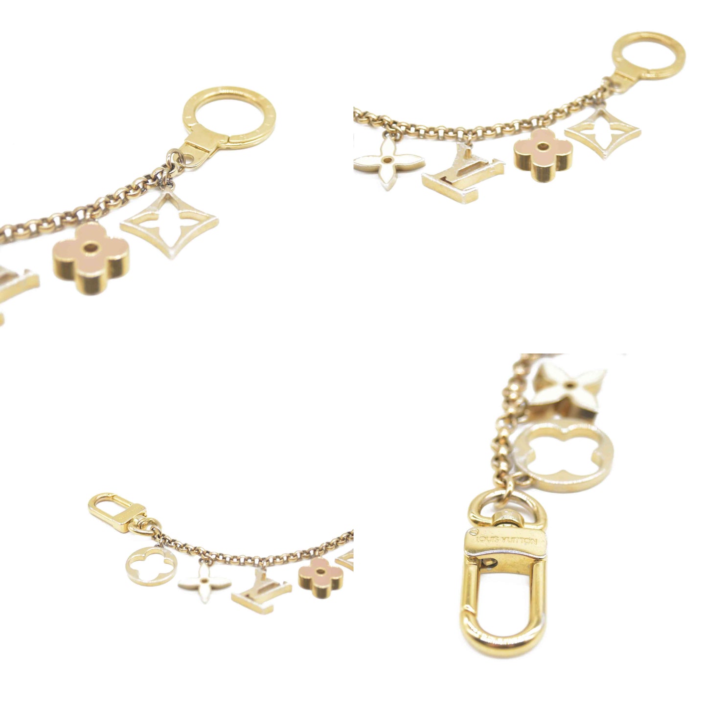 CONSIGNMENT AUCTION $655 Louis Vuitton  Brass Enamel Fleur De Monogram Bag Charm Chain Gold