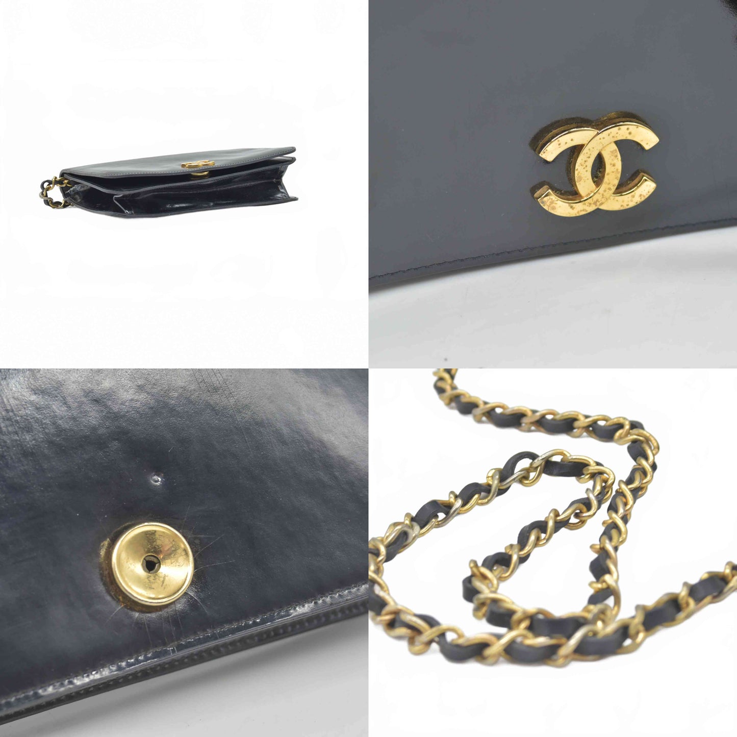 $3250 1986 Chanel Black Patent Leather Vintage Flap Bag CC
