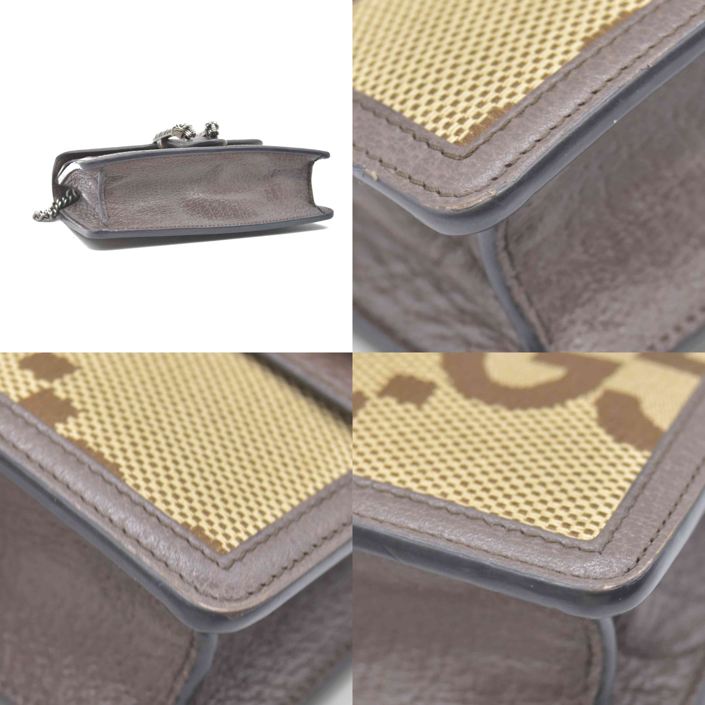 $1290 GUCCI Monogram Jumbo GG Textured Dollar Calfskin Super Mini Dionysus Shoulder Bag Camel Ebony