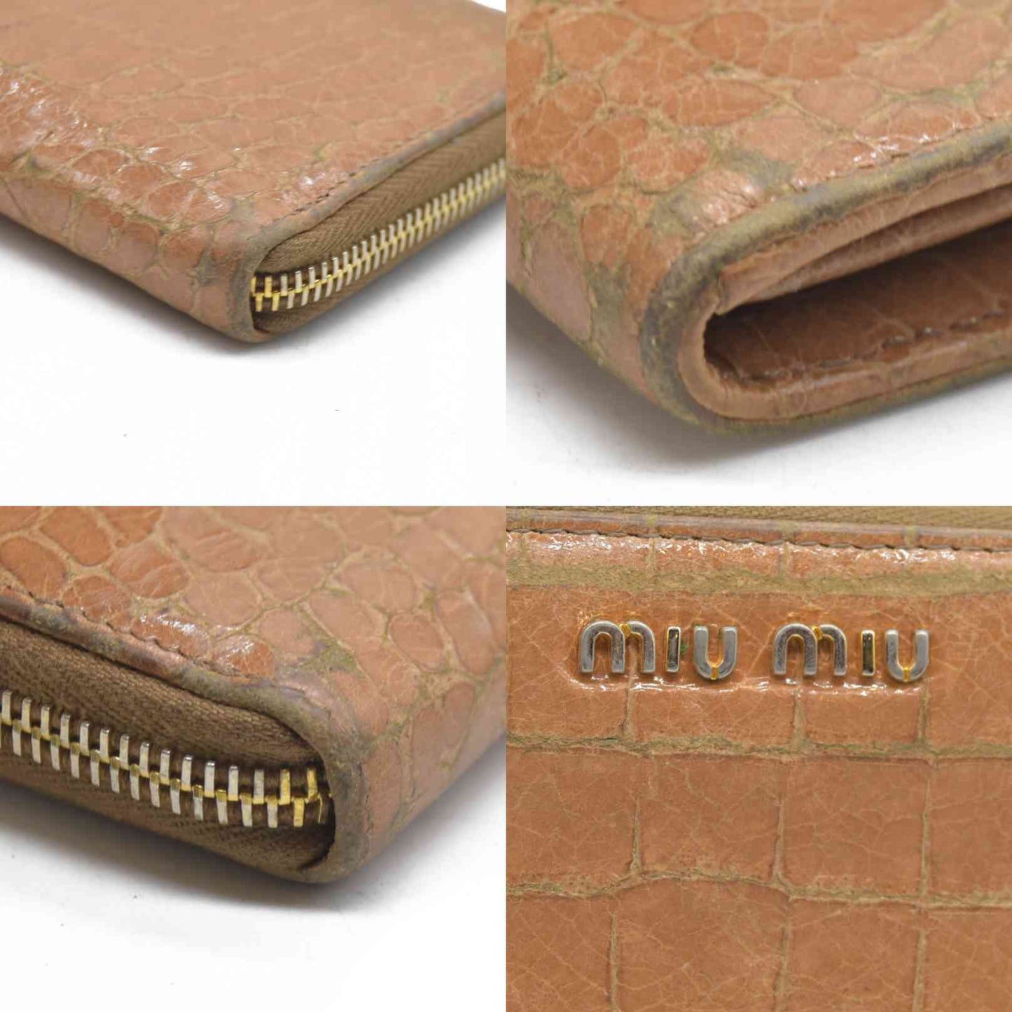 AUCTION $995 MIU MIU Logo Embossed Leather Zippy Long Wallet Beige