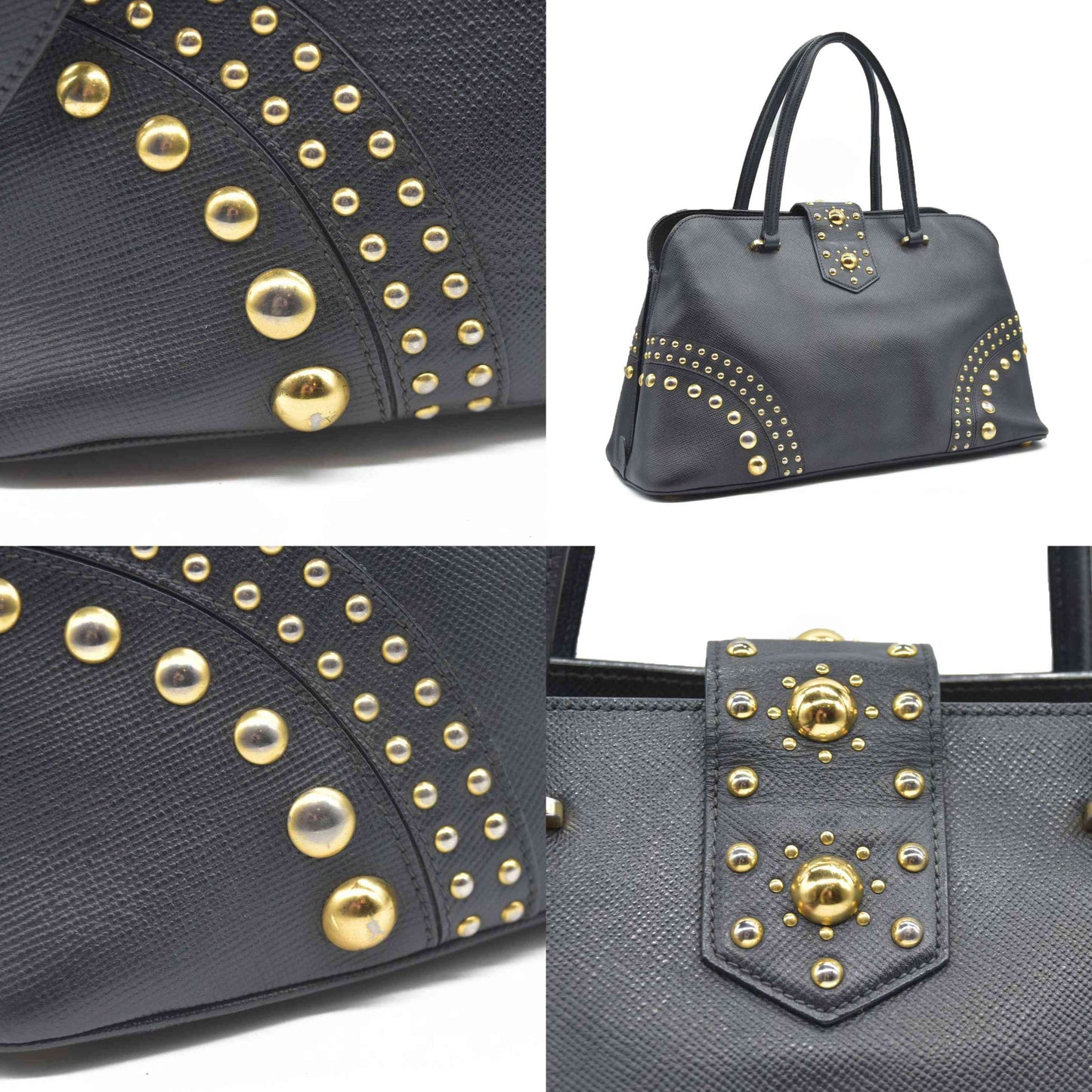 AUCTION $3450 Prada Black Leather Promenade Studded Satchel