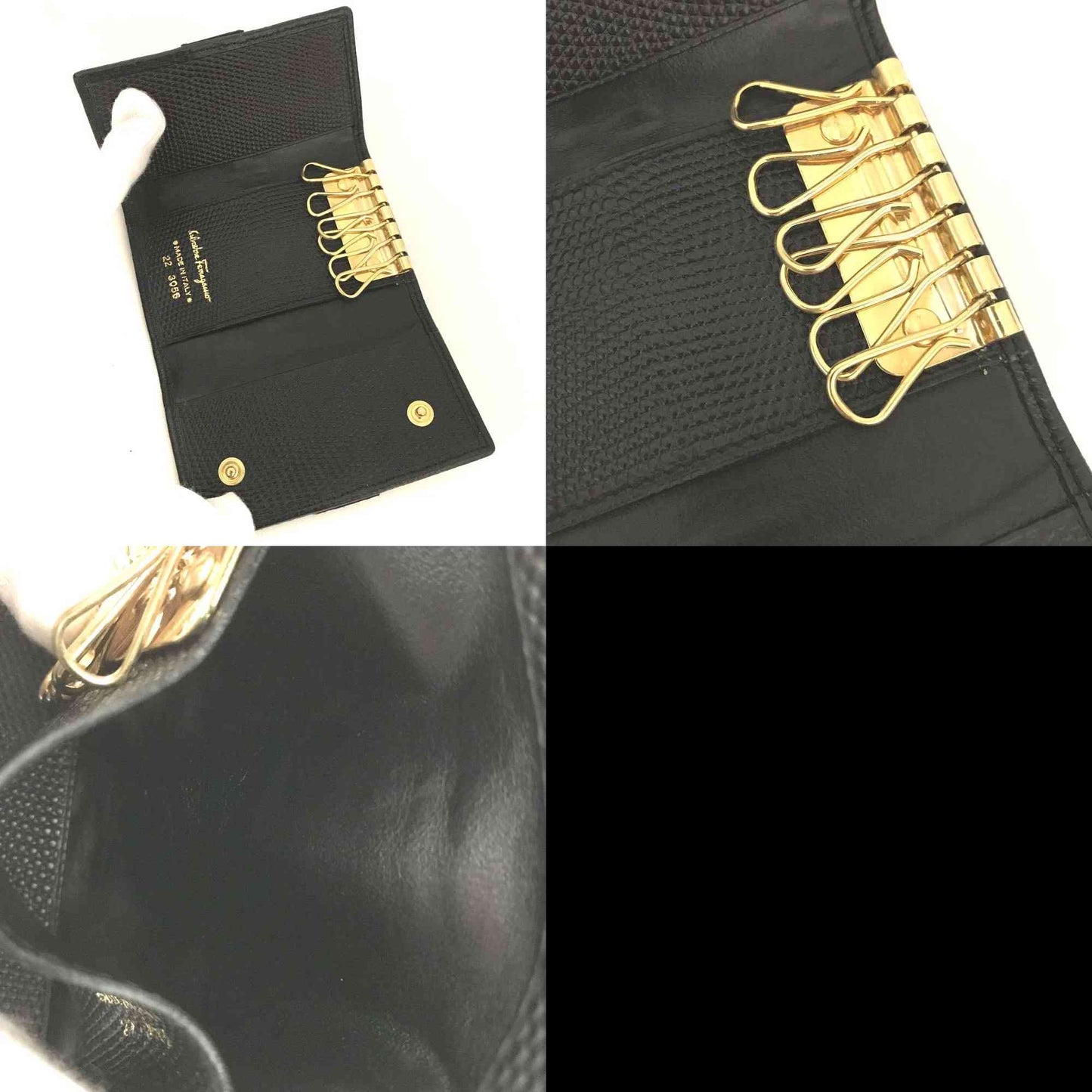 $380 Salvatore Ferragamo Vara Leather 6 Ring Key Case Black