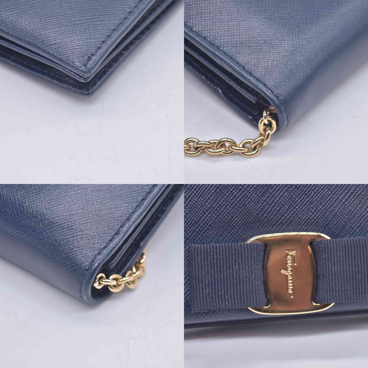 $1090 Salvatore Ferragamo Miss Vara Crossbody Wallet on Chain Navy CONSIGNMENT