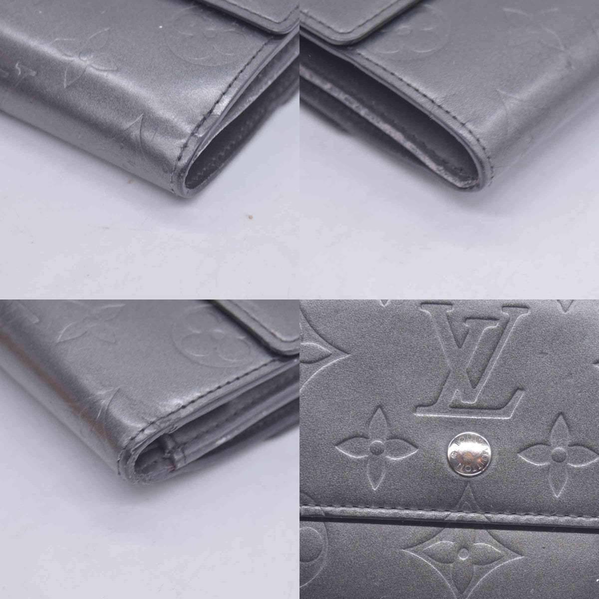 $605 2003 Louis Vuitton Metallic Matt Vernis Compact Wallet Grey TH0033 CONSIGNMENT 10020918