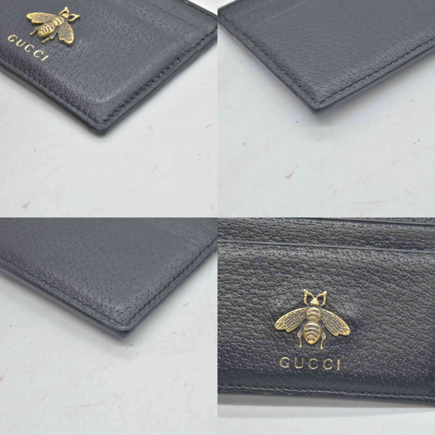 $550 Gucci Pebbled Calfskin Animalier Card Holder Black CONSIGNMENT