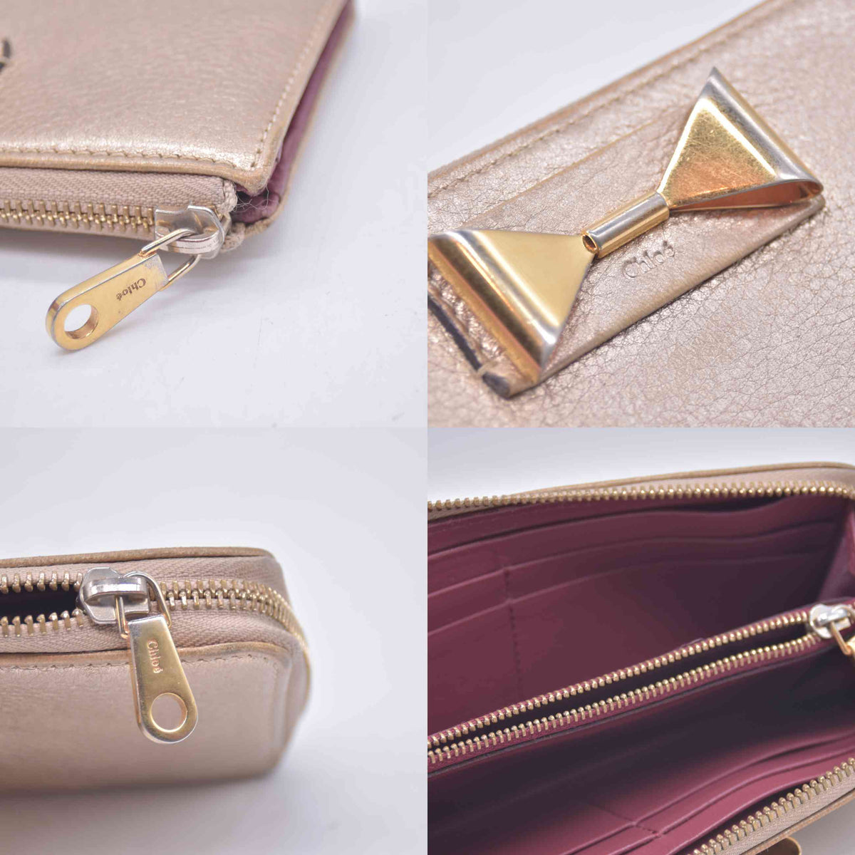 $550 Chloe Bobbie Bow Zip Around Gold Leather Wallet 10020988