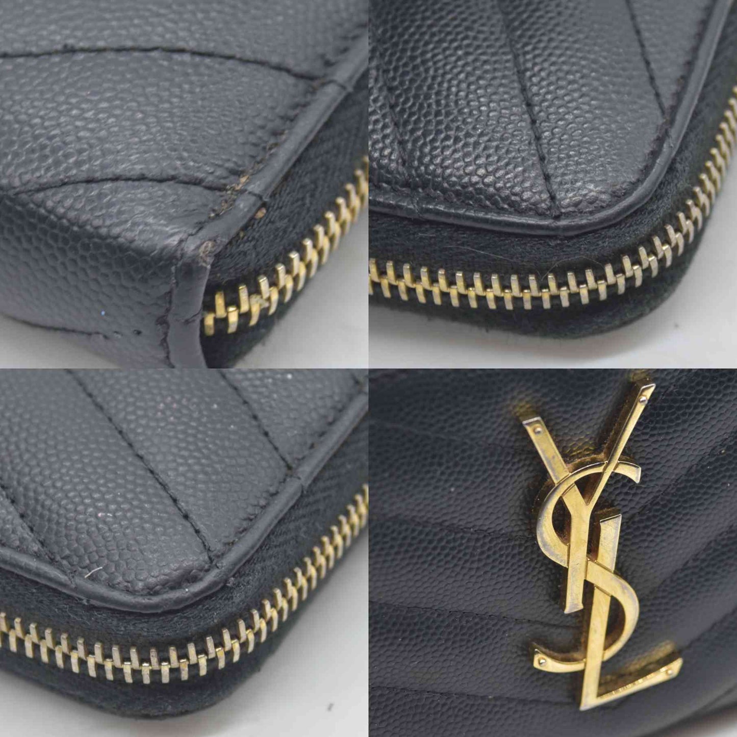 $950 Saint Laurent Grain De Poudre Matelasse Chevron Monogram Zip Around Wallet Black 2015