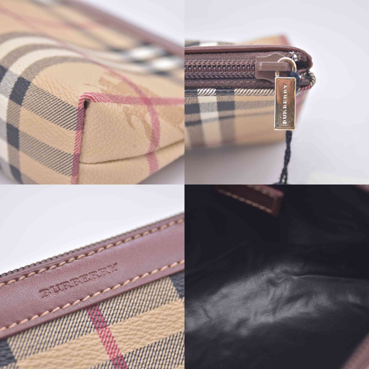 $595 Burberry Small Check Travel Pouch Archive Beige Briar Brown CONSIGNMENT