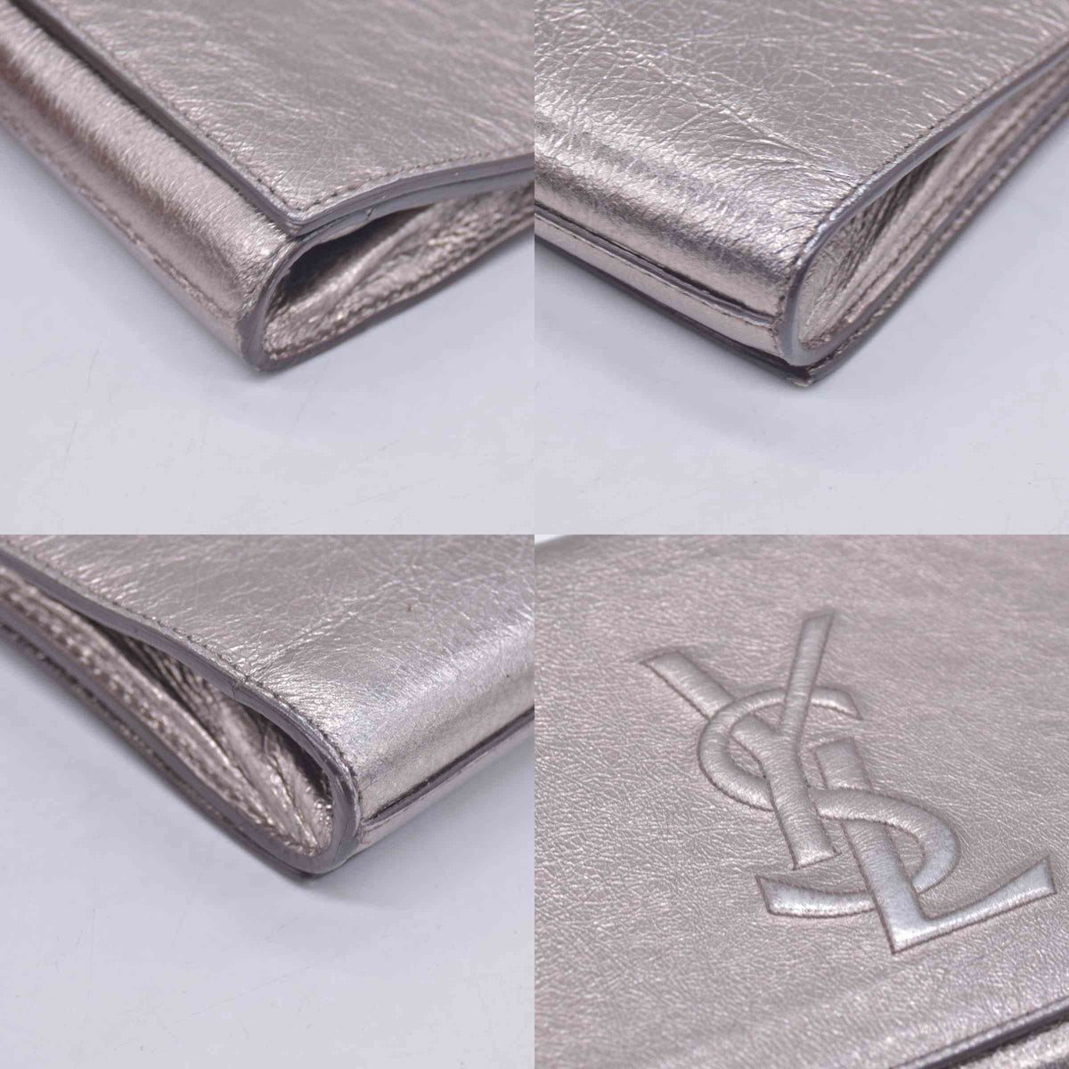 $820 Saint Laurent Metallic Leather Large Belle De Jour Clutch Silver CONSIGNMENT 10020879