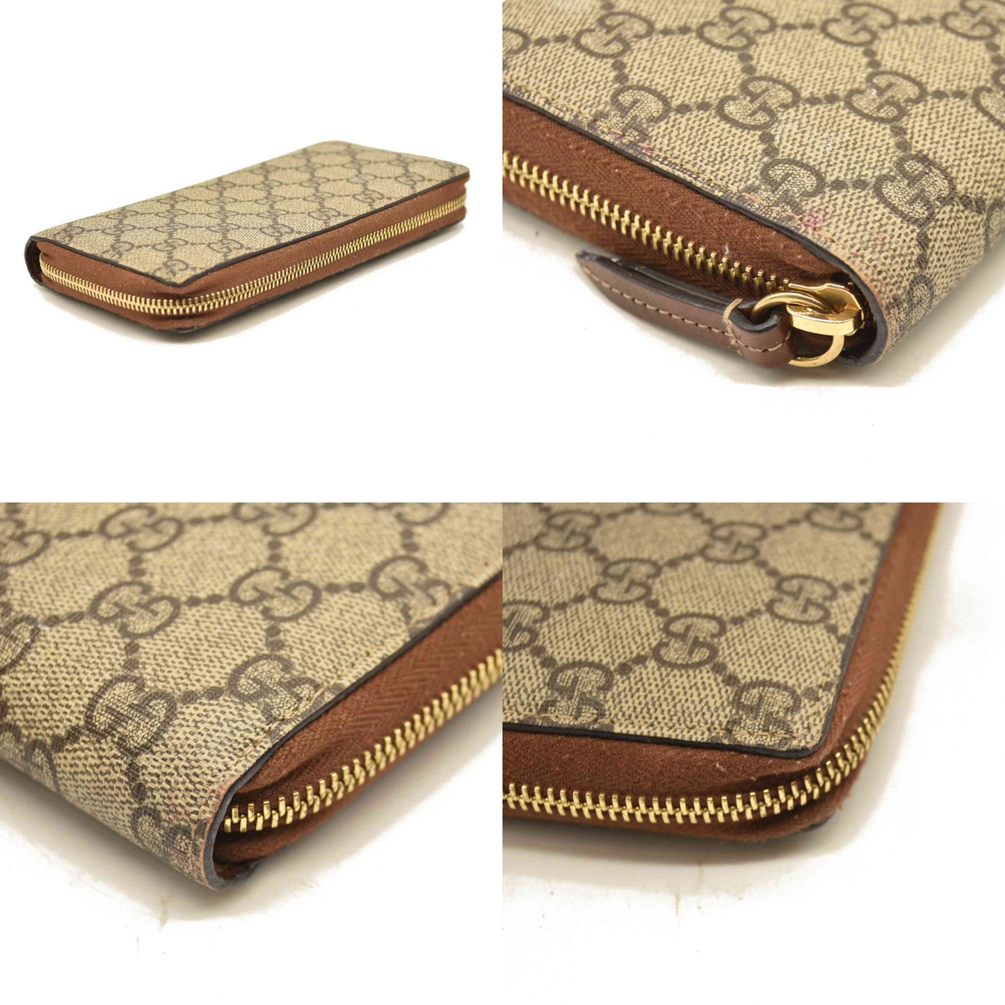 Gucci  GG Supreme Monogram Cuoio Toscano Zip Around Wallet Beige Ebony Cuir
