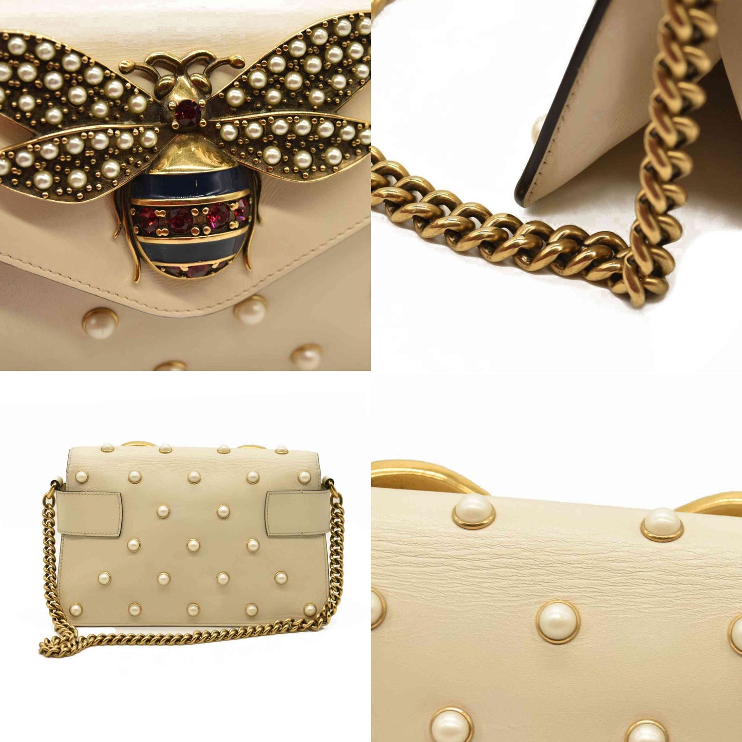 Gucci  Nappa Pearl Studded Mini Queen Margaret Broadway Shoulder Bag Mystic White