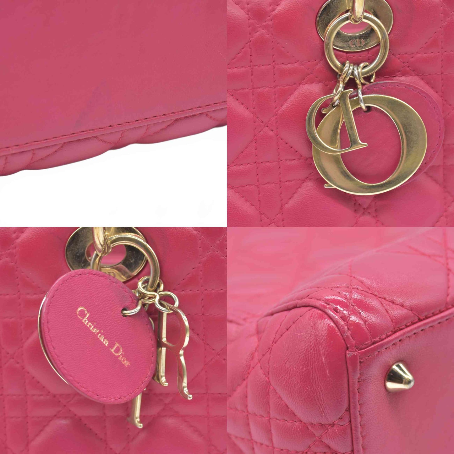 $6700 Christian Dior Lambskin Cannage Medium Lady Dior Fuchsia