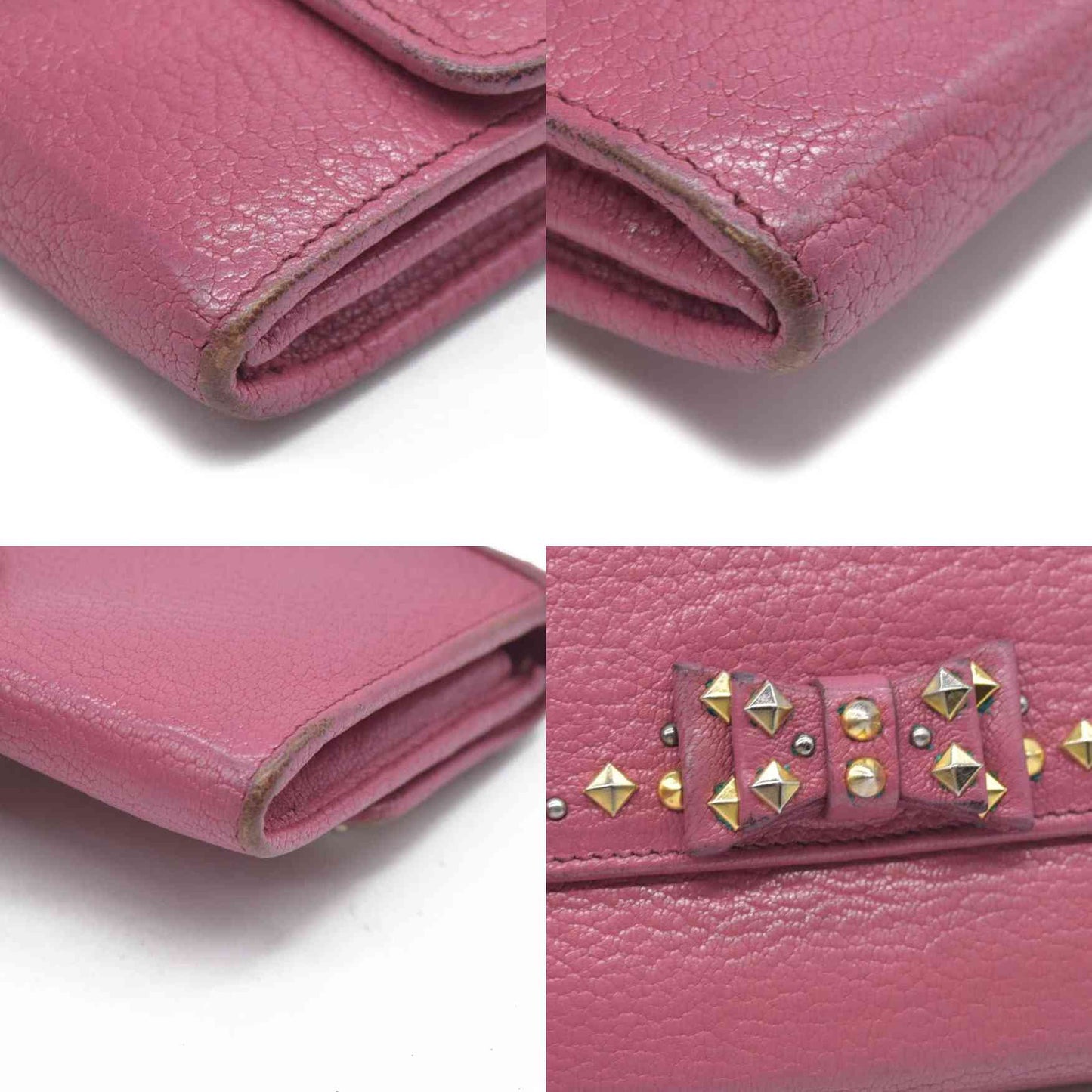 MIU MIU Ribbon Studs Leather Long Bifold Wallet Pink