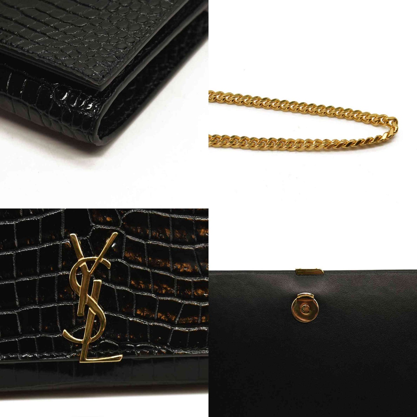 SAINT LAURENT PARIS Saint Laurent Black Croc Embossed Leather Monogram Wallet On Chain