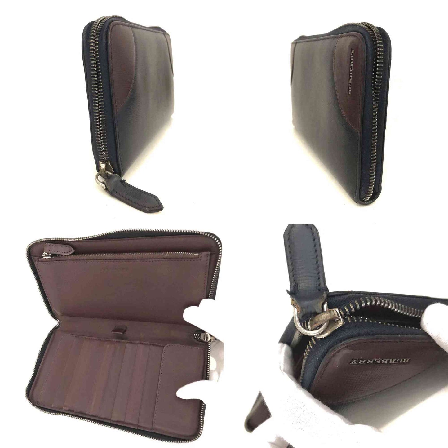 BURBERRY Logo Leather Organizer Zip Around Long Wallet Navy blue