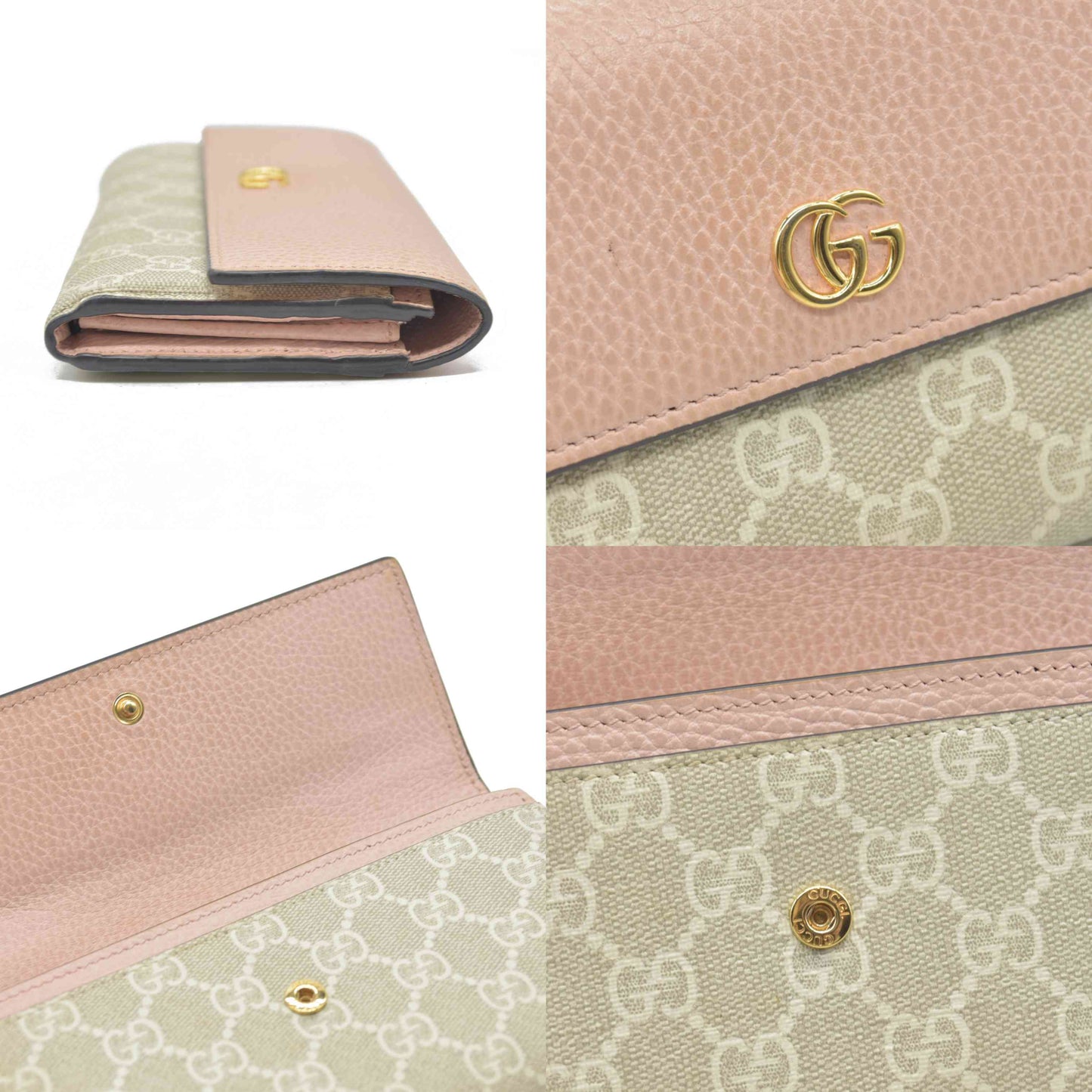 $710 Gucci Dollar Calfskin GG Supreme Monogram GG Marmont Continental Wallet Pink Oatmeal