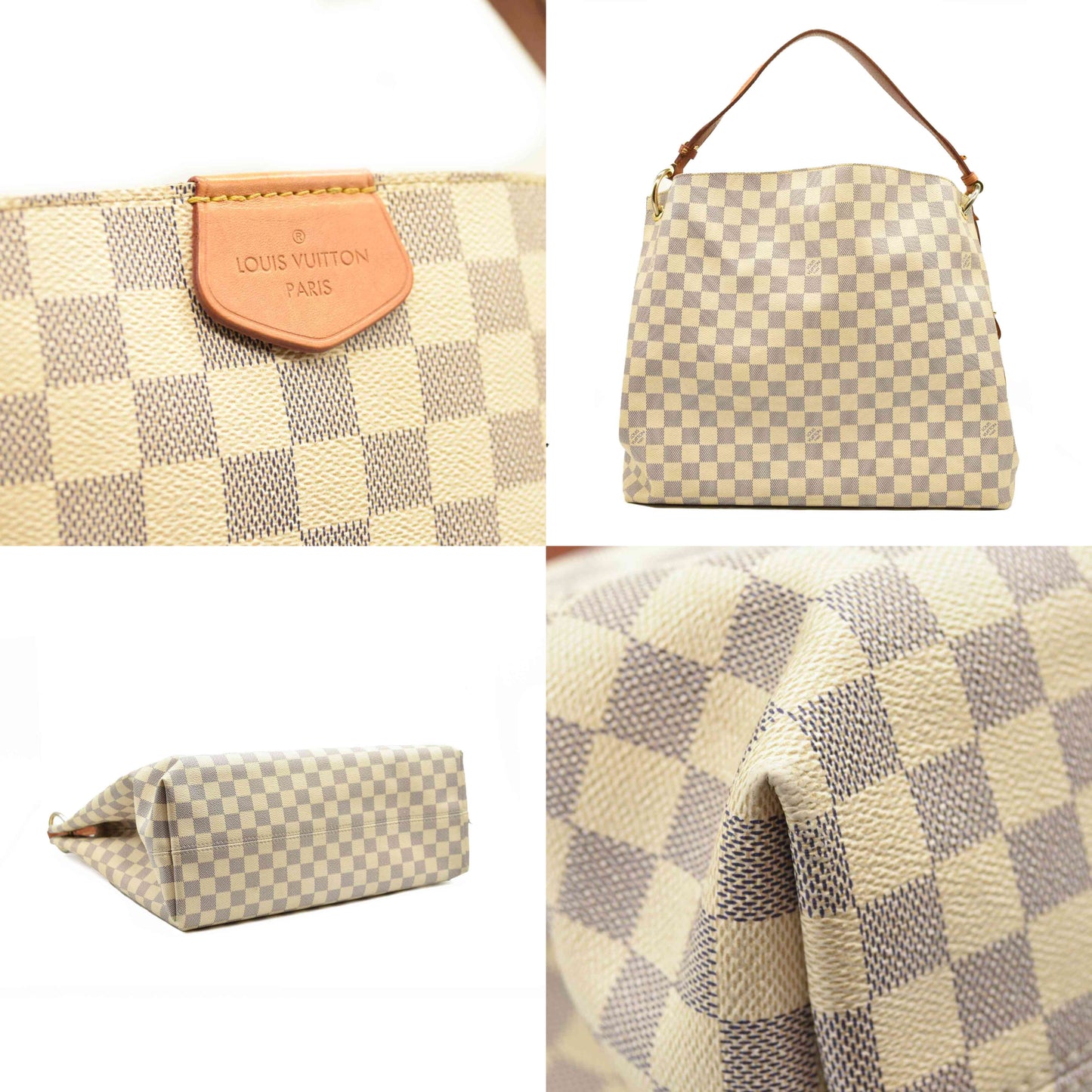 USED Louis Vuitton Graceful Mm Rose Ballerine White Damier Azur Canvas Tote RFID