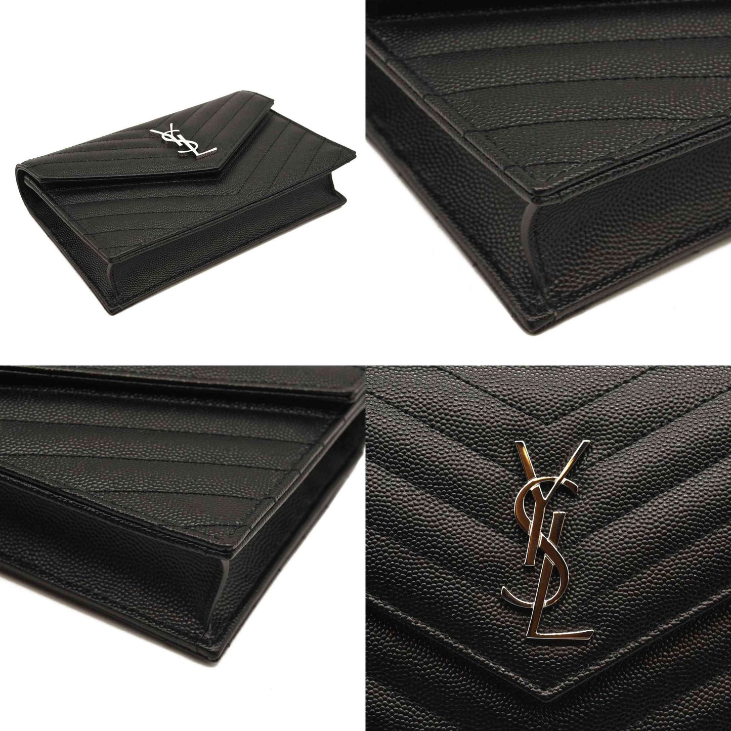 NEW SAINT LAURENT Grain De Poudre Matelasse Chevron Monogram Chain Wallet Black Silver