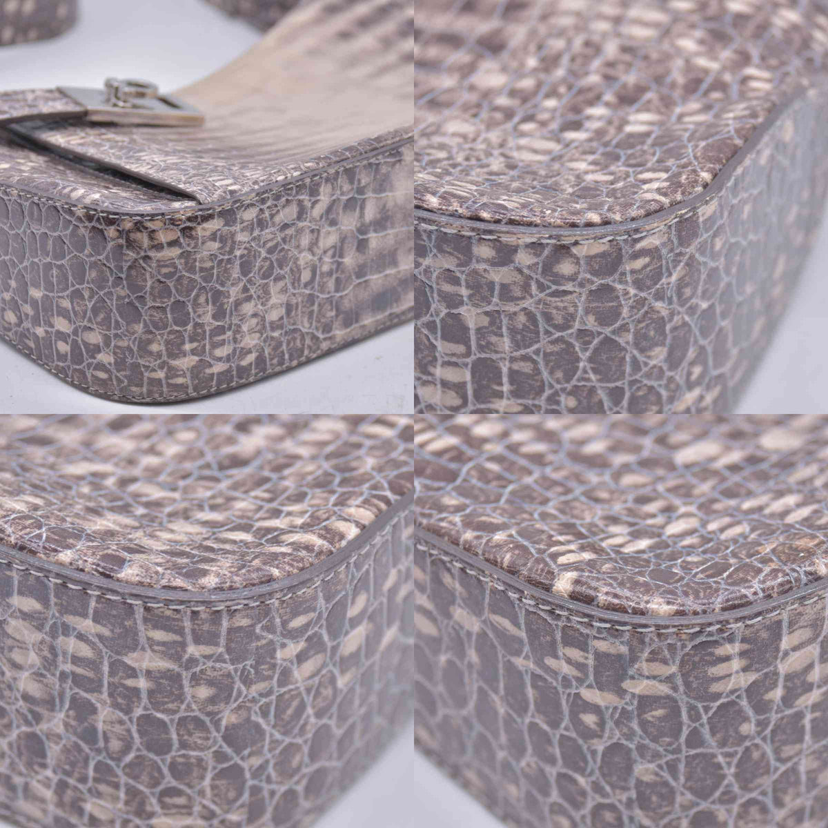 $1250 SALVATORE FERRAGAMO Embossed Lizard Calfskin Gancini Belt Shoulder Bag Grey CONSIGNMENT 10021138