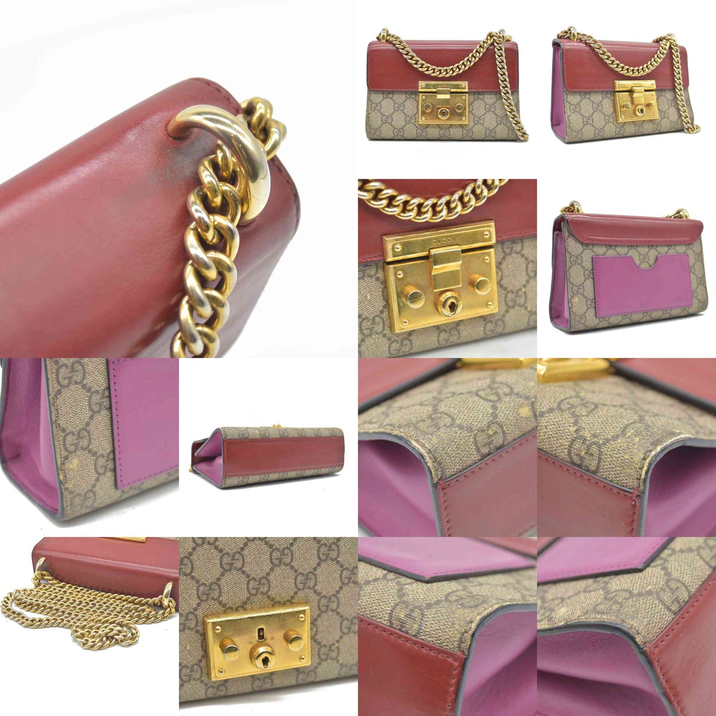AUCTION $1960 USED GUCCI GG Supreme Monogram Calfskin Small Padlock Shoulder Bag Beige Hibiscus Red New Rosette