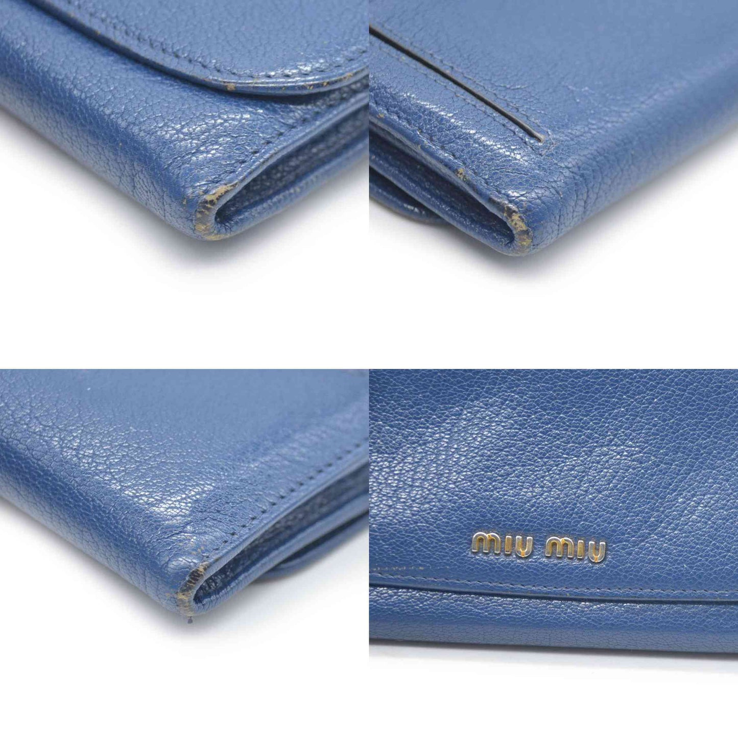 MIU MIU Logo Madras Leather Long Bifold Wallet Blue