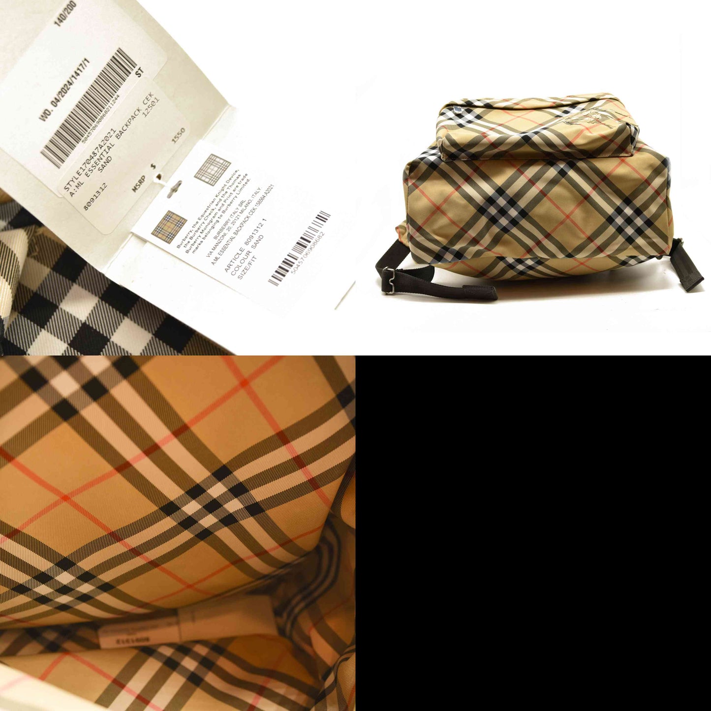 $1550 Burberry Essential House Check Backpack Sand