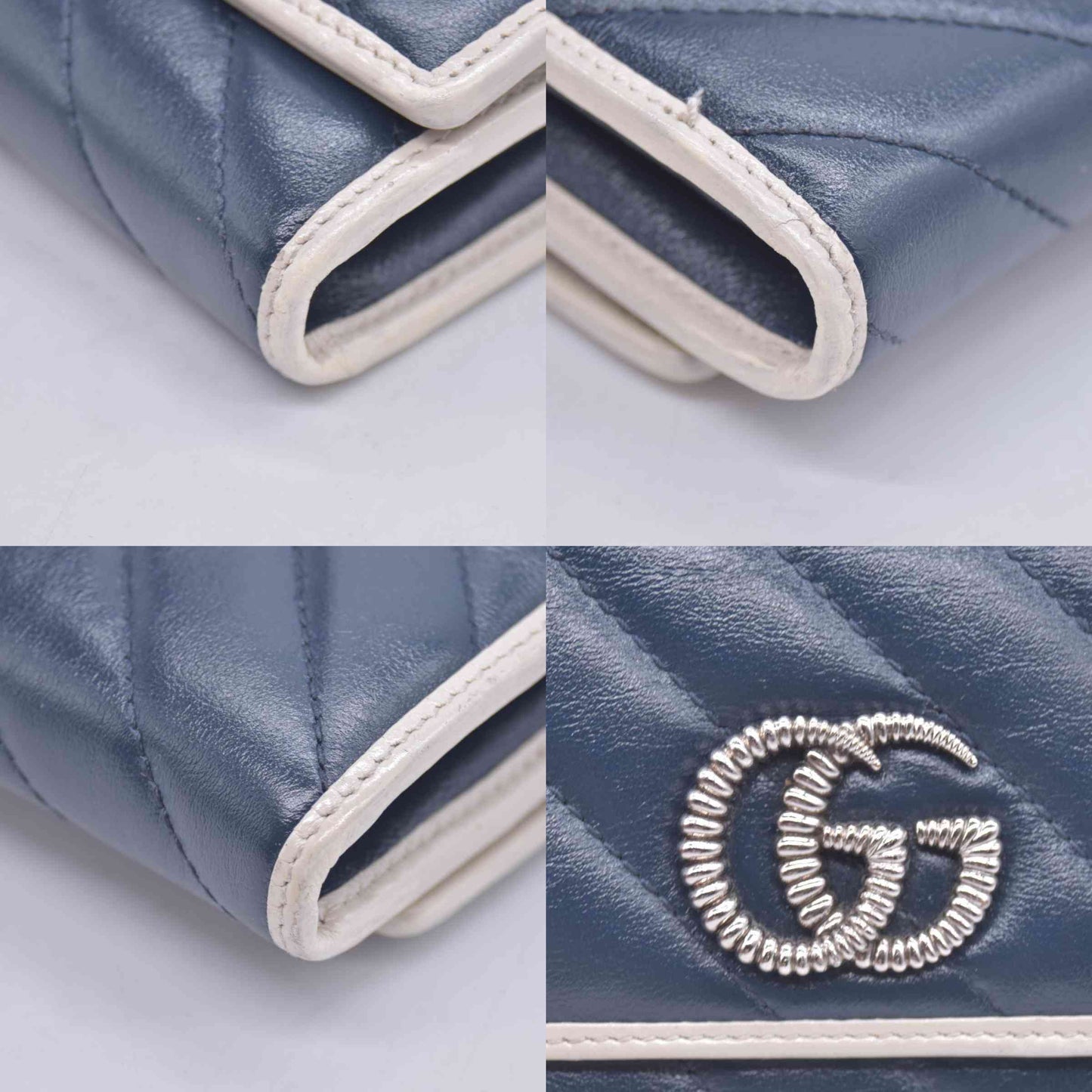 $795 Gucci Vintage Effect Calfskin matelasse Diagonal Torchon GG Marmont Continental Clutch Wallet Blue Agata Mystic White CONSIGNMENT