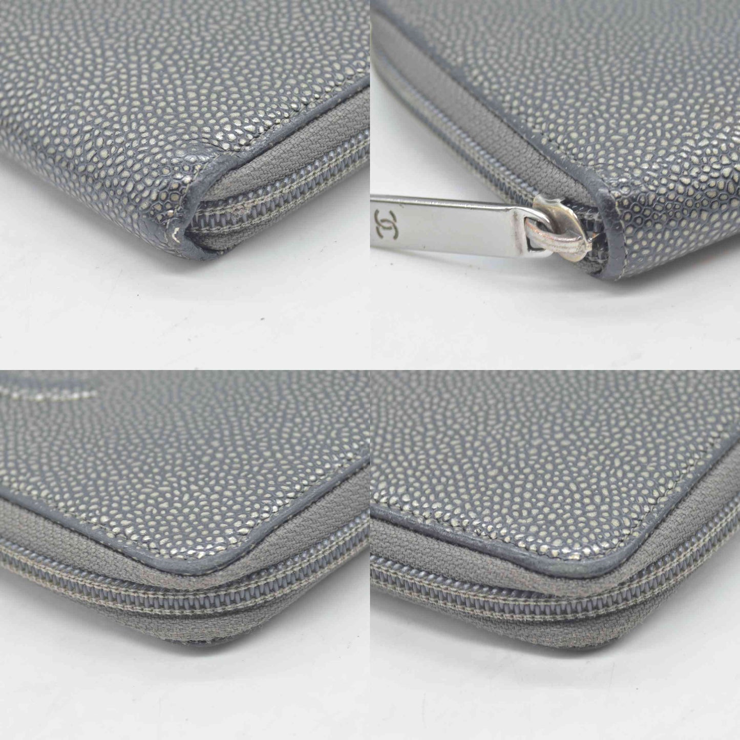 $1375 2014 CHANEL CC Logo Timeless Caviar Zip Around Long Wallet Metallic Silver