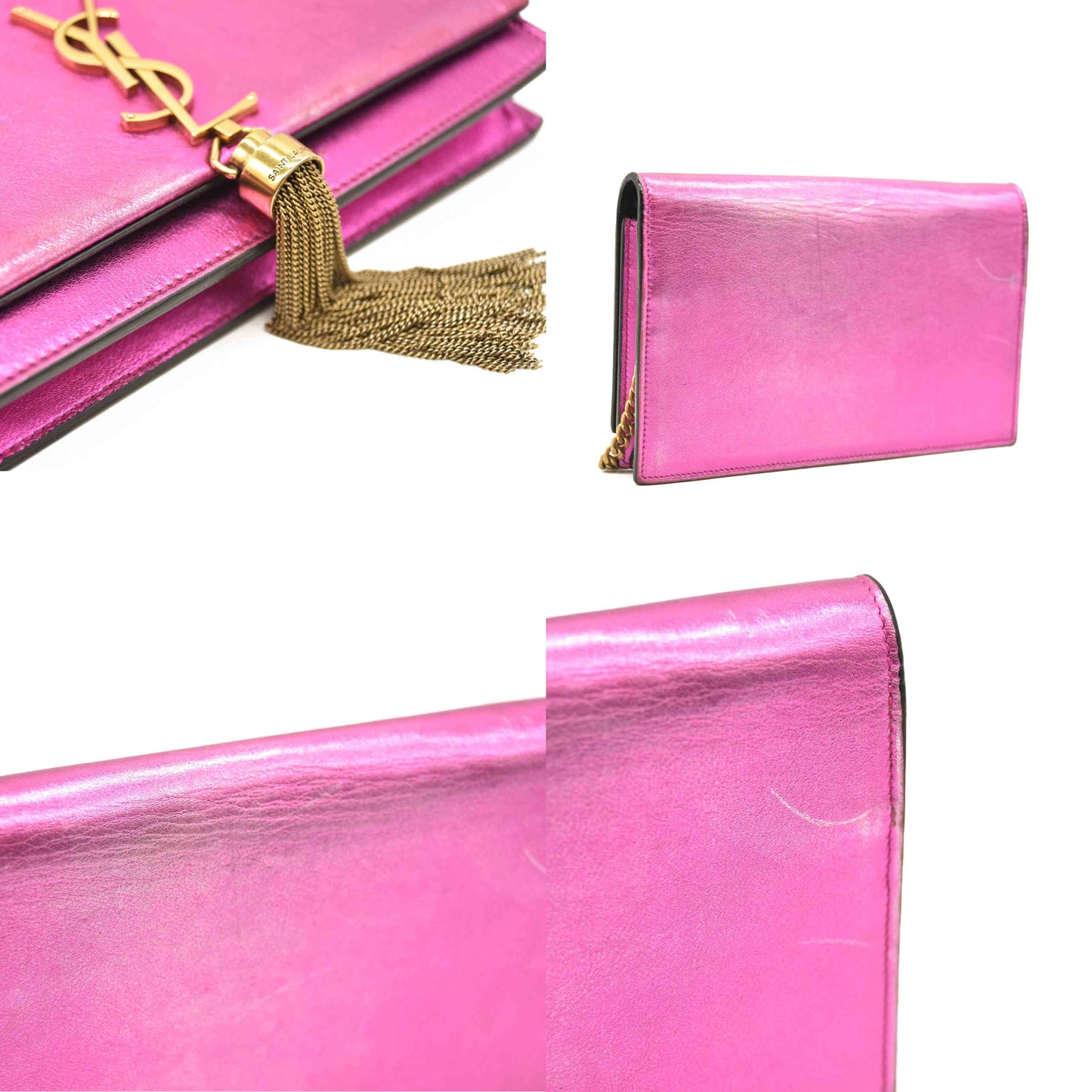 SAINT LAURENT Metallic Calfskin Classic Monogram Kate Tassel Chain Wallet Fuchsia