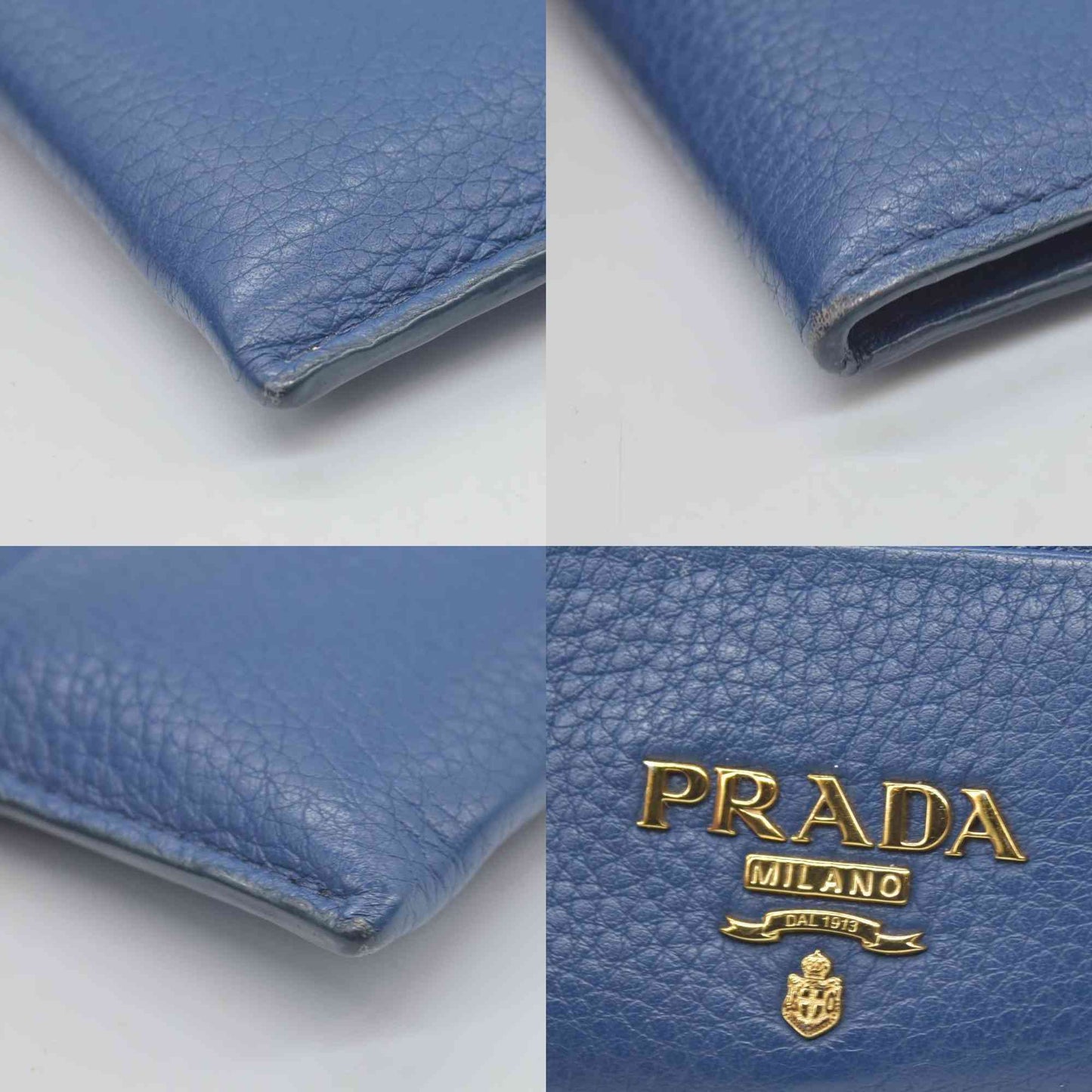 $725 Prada Zip Card Holder Pebbled Leather Blue CONSIGNMENT