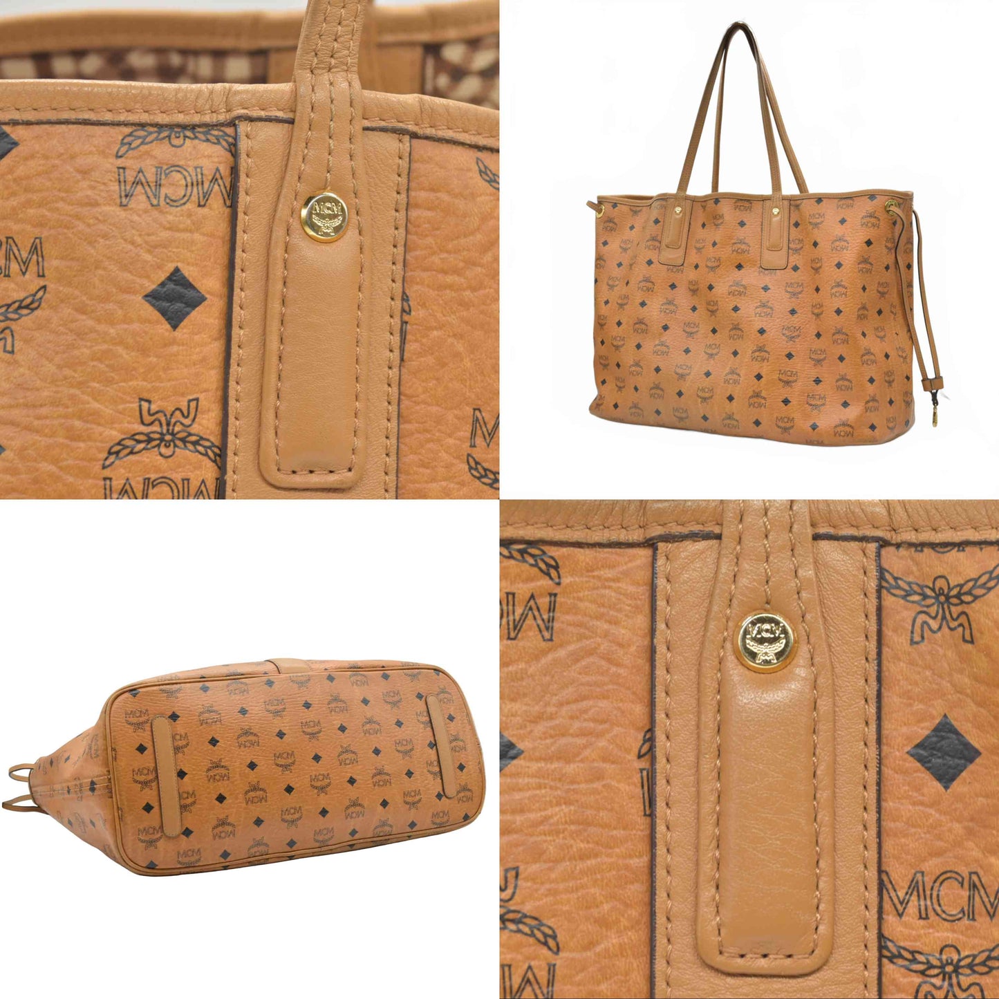 $880 MCM Visetos Large Liz Reversible Shopper Tote Cognac