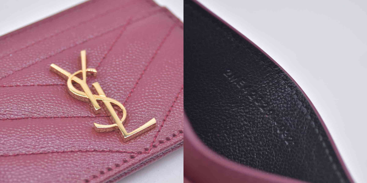 $450 Saint Laurent Grain De Poudre Matelasse Chevron Monogram Credit Card Case Palissandre CONSIGNMENT 10020997
