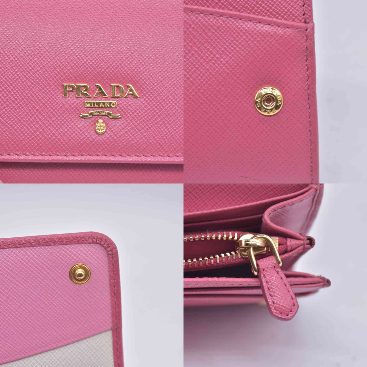 $780 Prada Saffiano Metal Leather Continental Flap Wallet Pink CONSIGNMENT 10021168