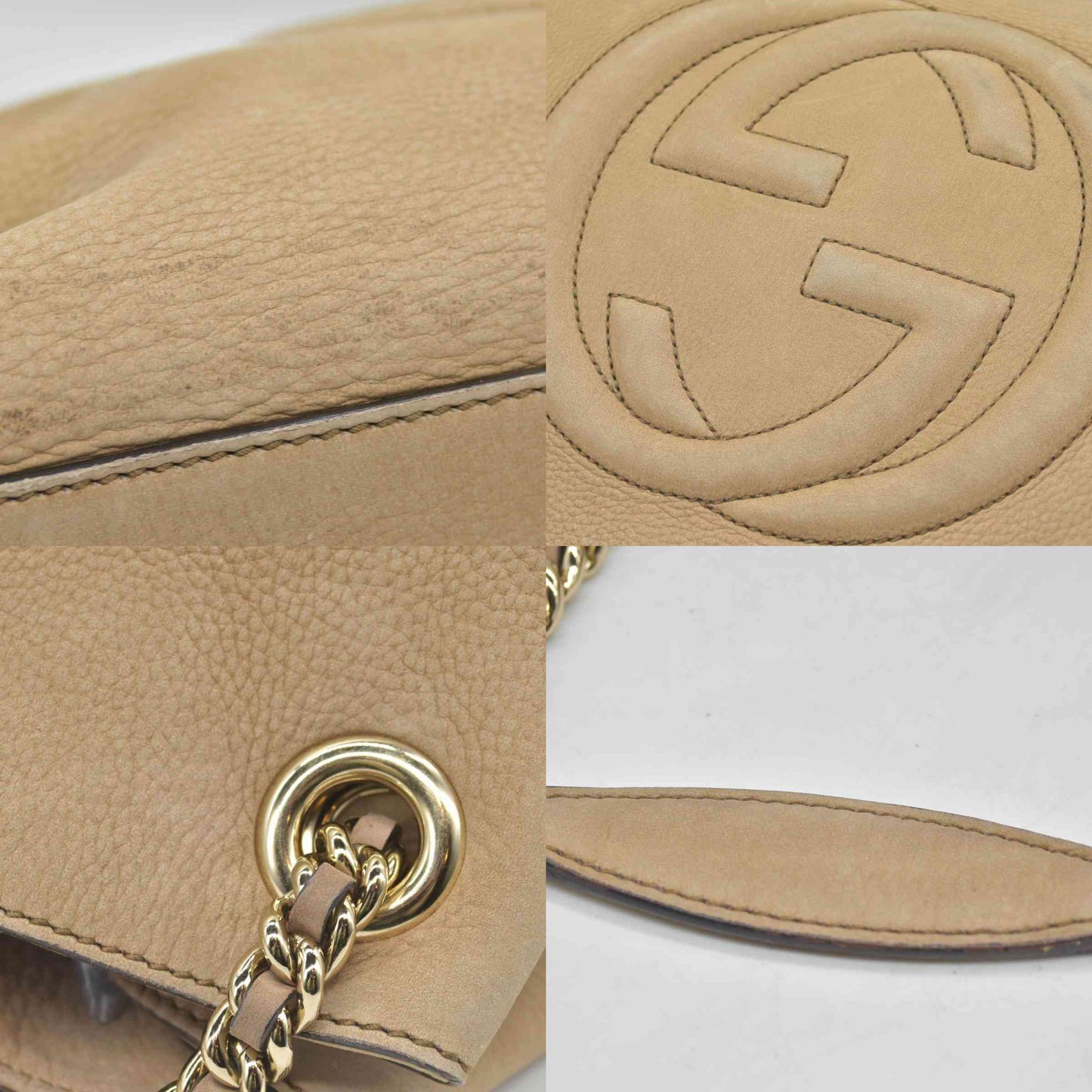 $1980 GUCCI Nubuck Medium Soho Double Chain Shoulder Bag Taupe
