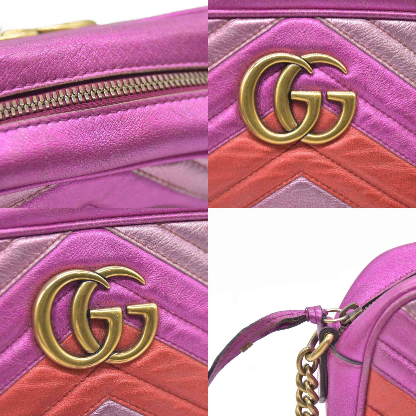AUCTION $1950 Gucci  Laminated Nappa Matelasse Small GG Marmont Chain Shoulder Bag Fuxia Rosso Rosa
