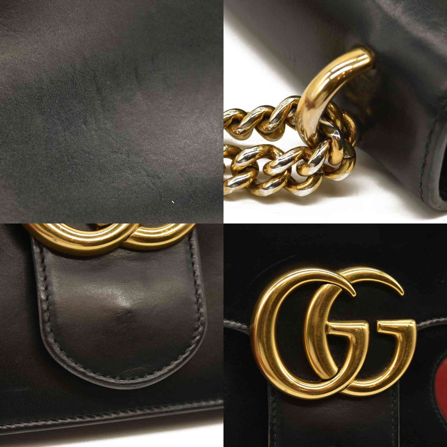 Gucci  Knight Calfskin Malaga Kid Heart Medium GG Marmont Chain Handle Bag Black Hibiscus Red Multicolor