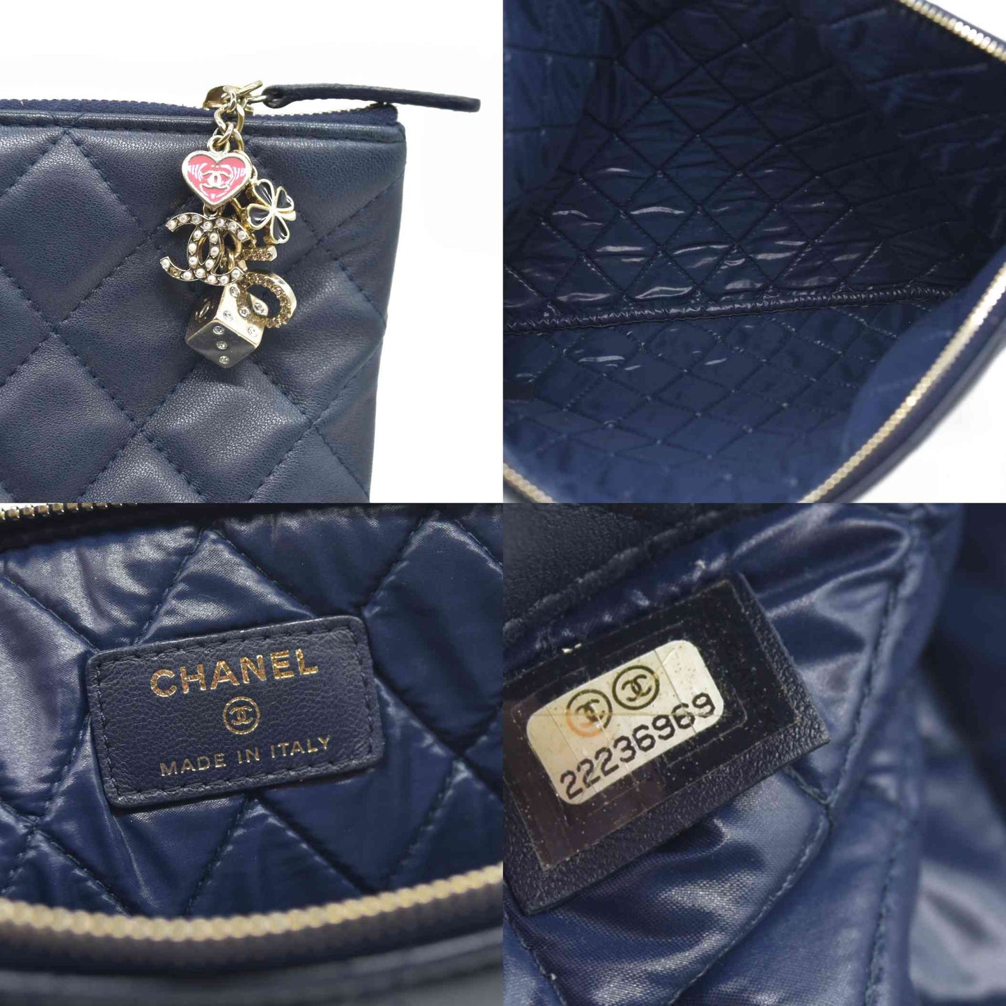 $1475 Chanel Navy Lambskin Classic Charm Decoration New Medium Clutch