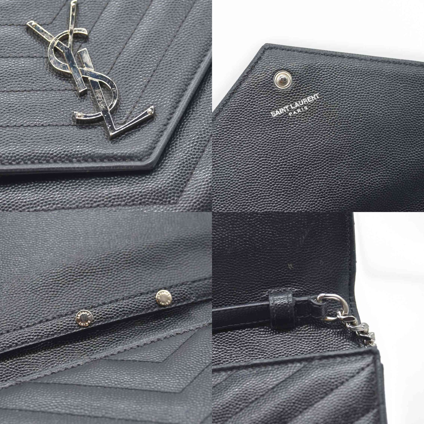 $1600 Saint Laurent Grain De Poudre Matelasse Chevron Monogram Envelope Chain Wallet Black