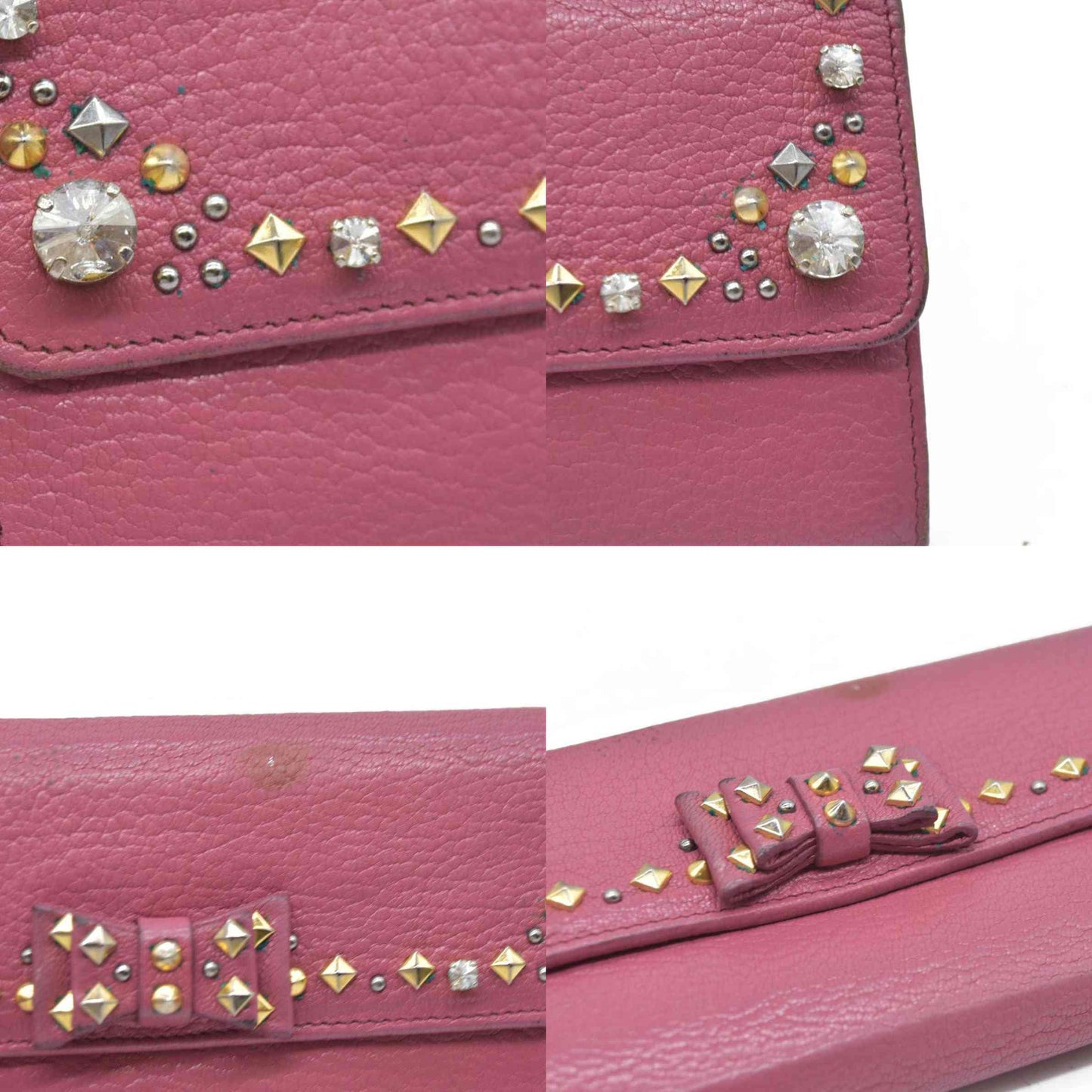 MIU MIU Ribbon Studs Leather Long Bifold Wallet Pink