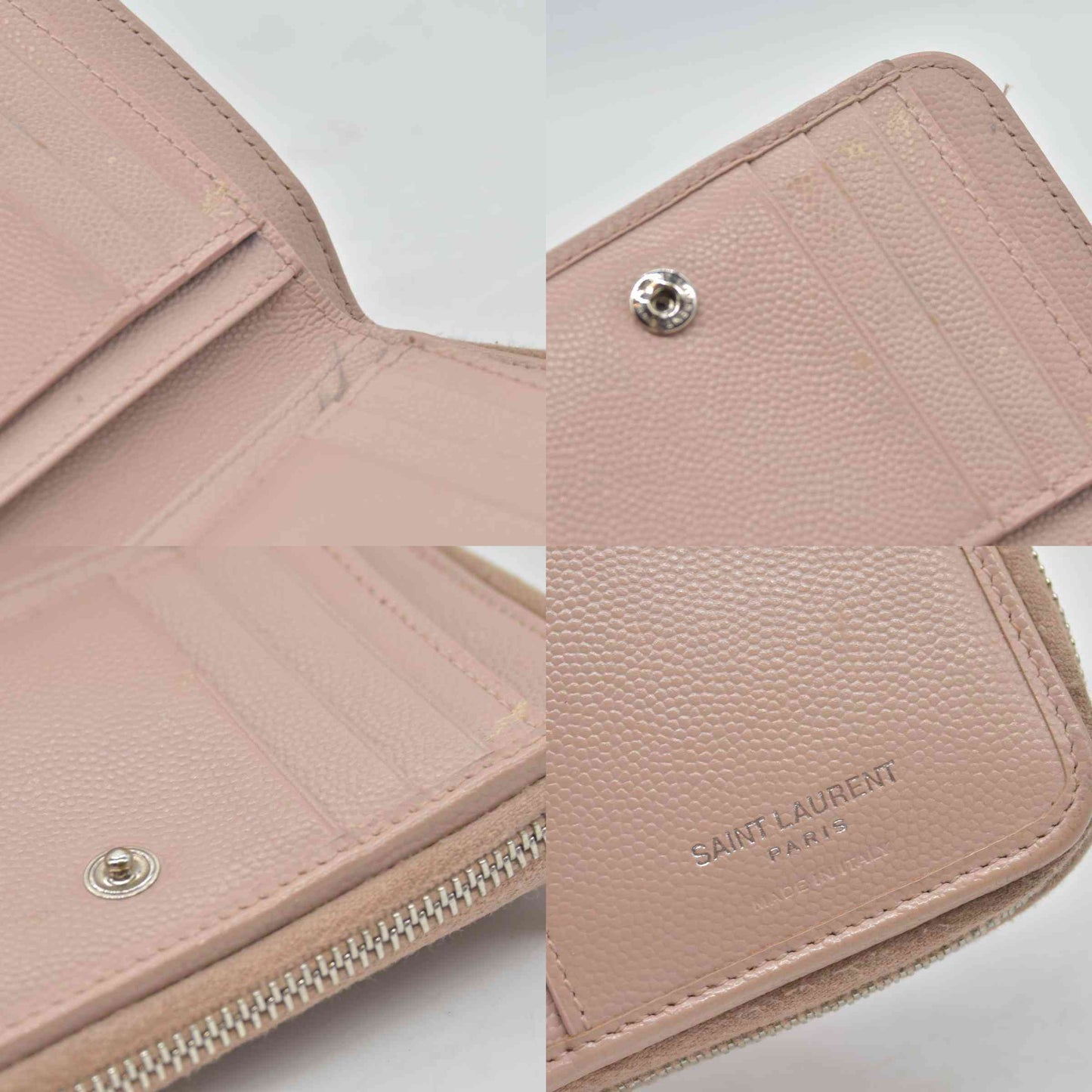 $625 Saint Laurent Grain De Poudre Matelasse Chevron Monogram Compact Zip Around Wallet Pink