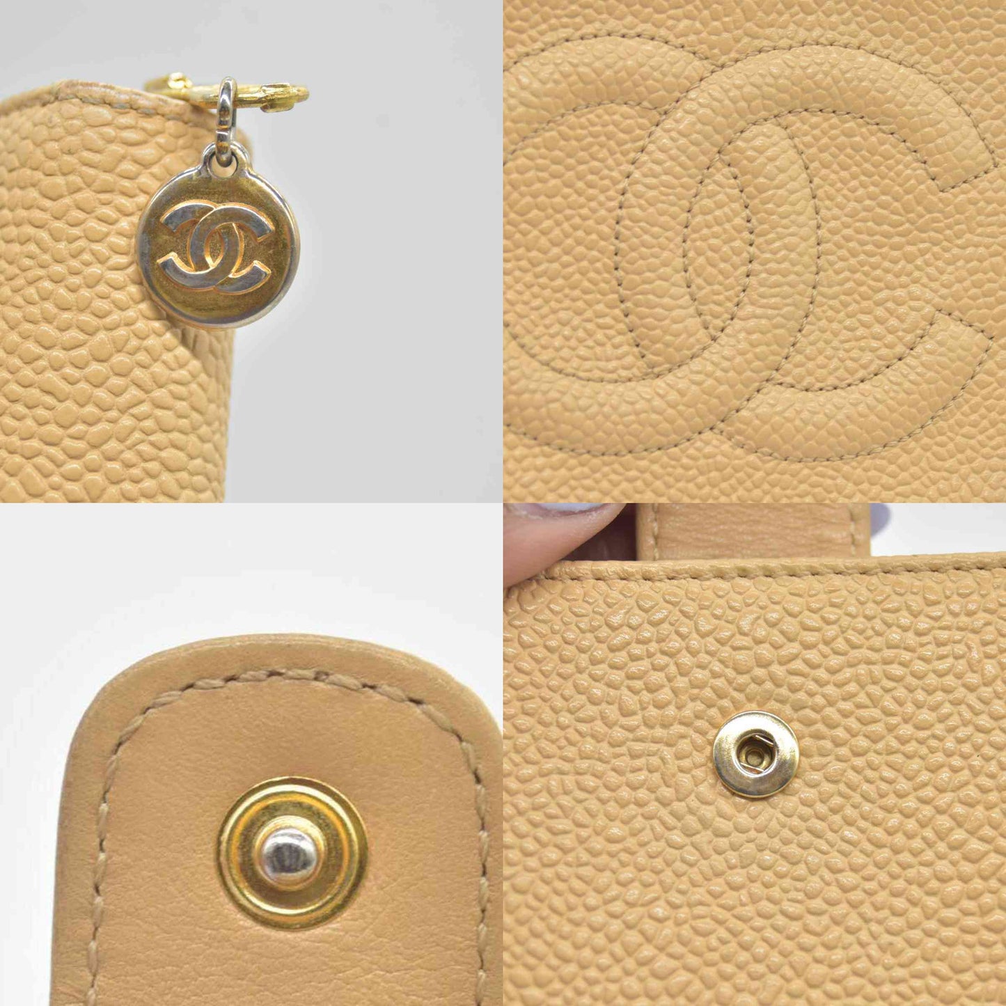 $700 Chanel Caviar Timeless CC Zip Around Coin Purse Beige CONSIGNMENT
