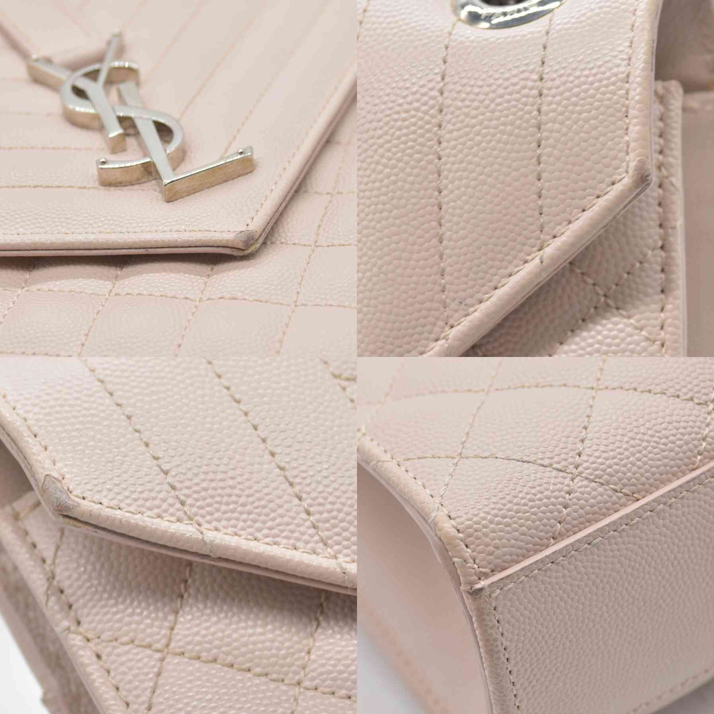 $3200 Saint Laurent Grain De Poudre Textured Mixed Matelasse Large Triquilt Monogram Satchel Light Pink