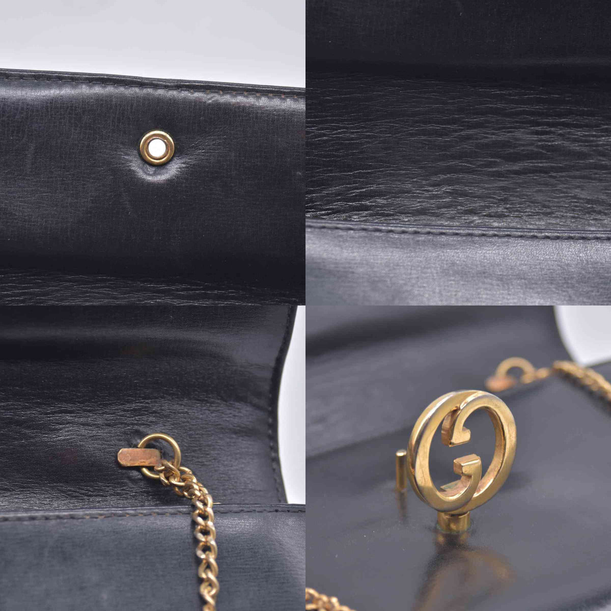 $1450 GUCCI Calfskin Vintage Interlocking GG Chain Flap Clutch Bag Black CONSIGNMENT 10021223