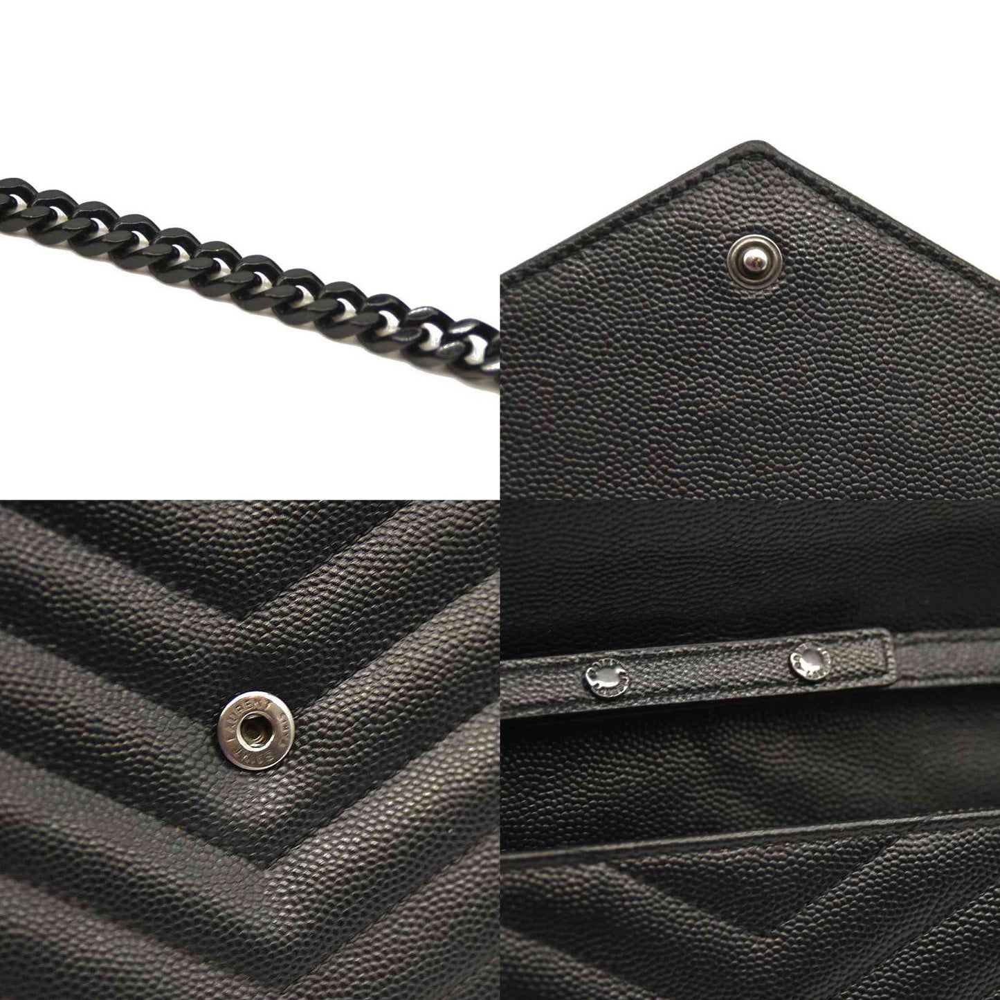 Saint Laurent  Grain De Poudre Matelasse Chevron Monogram Monochrome Chain Wallet Black